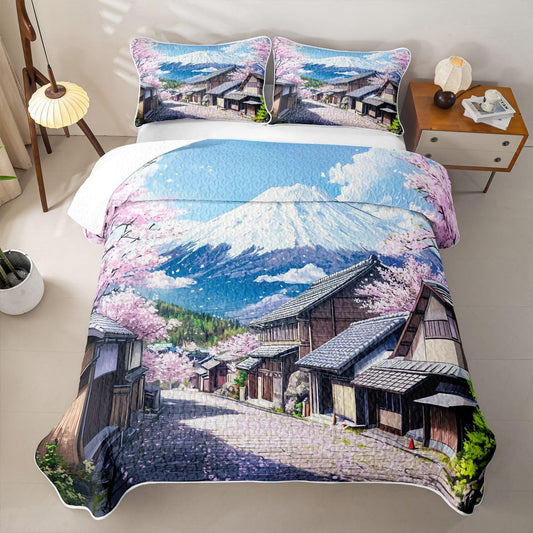 Erosebridal Japanese Ukiyo-E Quilt Twin Size - Watercolor Landscape Bedspread Japanese Cherry Blossom Bed Coverlet with 1 Pillowcase