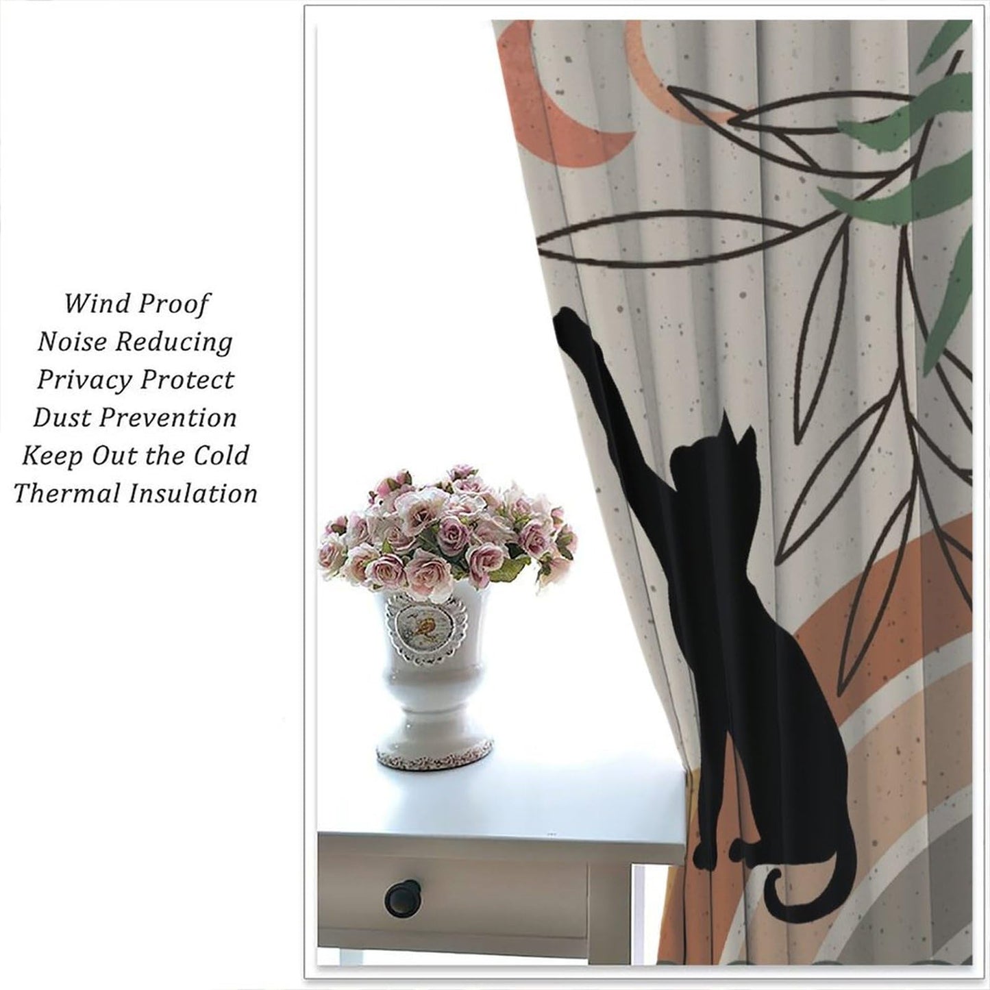 Fblifil Mid Century Moon Cat Curtain Retro Black Cat Leaves Sun Moon Leaves Boho Abstract Geometric Arch 70s Window Drapes for Bedroom Living Room Decor 42" W X 45" L
