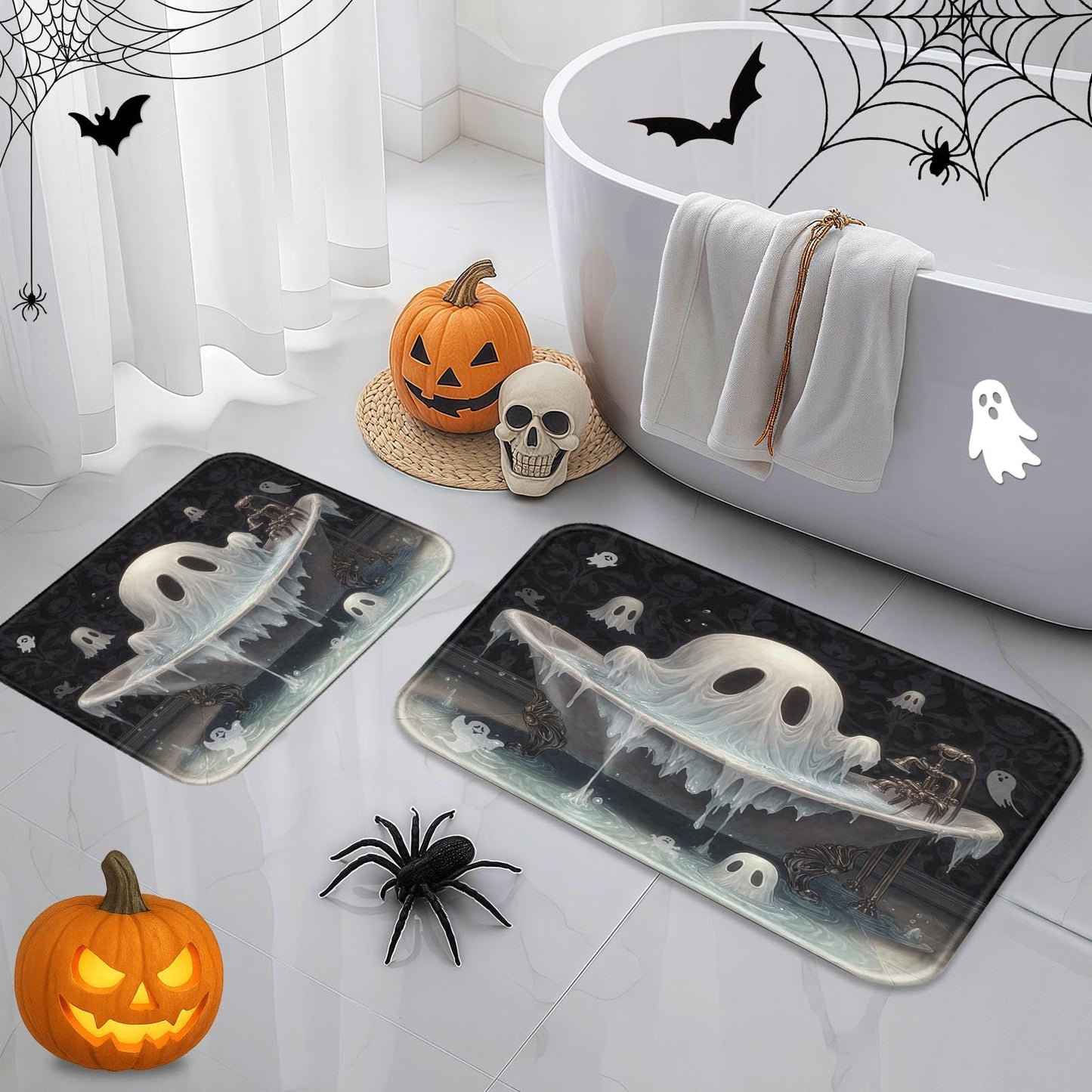 Arttown Halloween Horror Ghosts Bathroom Set with Shower Curtain and Rugs and Accessories Big and Small Ghosts Bathtub Water Black Shower Curtain Set Bathroom Decor 3-Piece Set