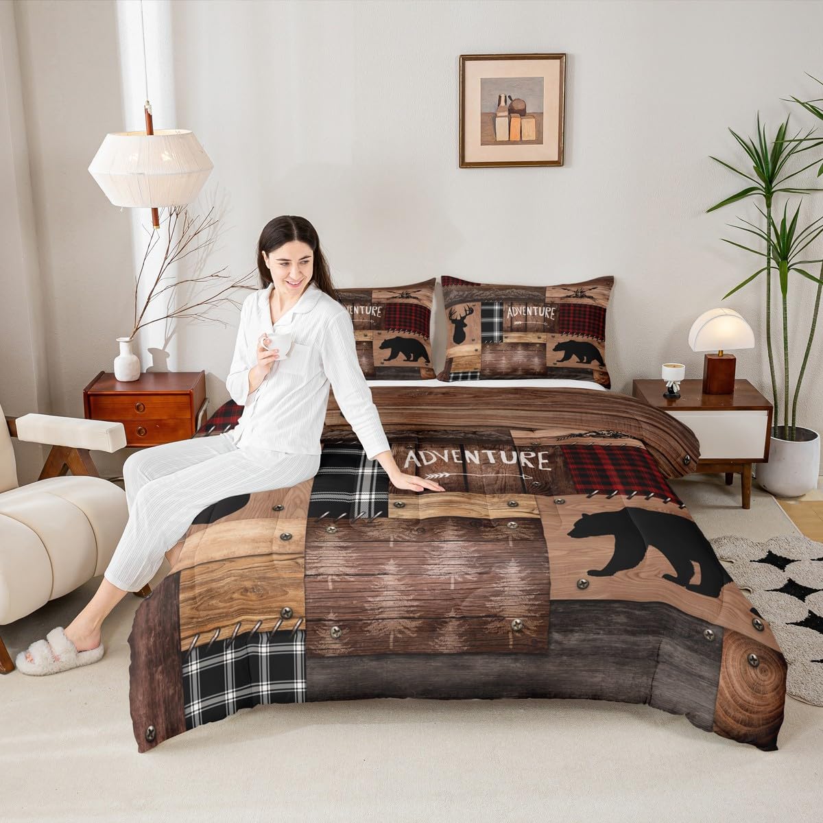 Rustic Cabin Comforter Set Twin Size,Farmhouse Bedding Set Kids Boys Girls Brown Cabin Decor,Hunting Animals Bedspread Bear Deer WildlifeDuvet Insert Patchwork Red Black Plaid Lodge Quilt Set 2pcs