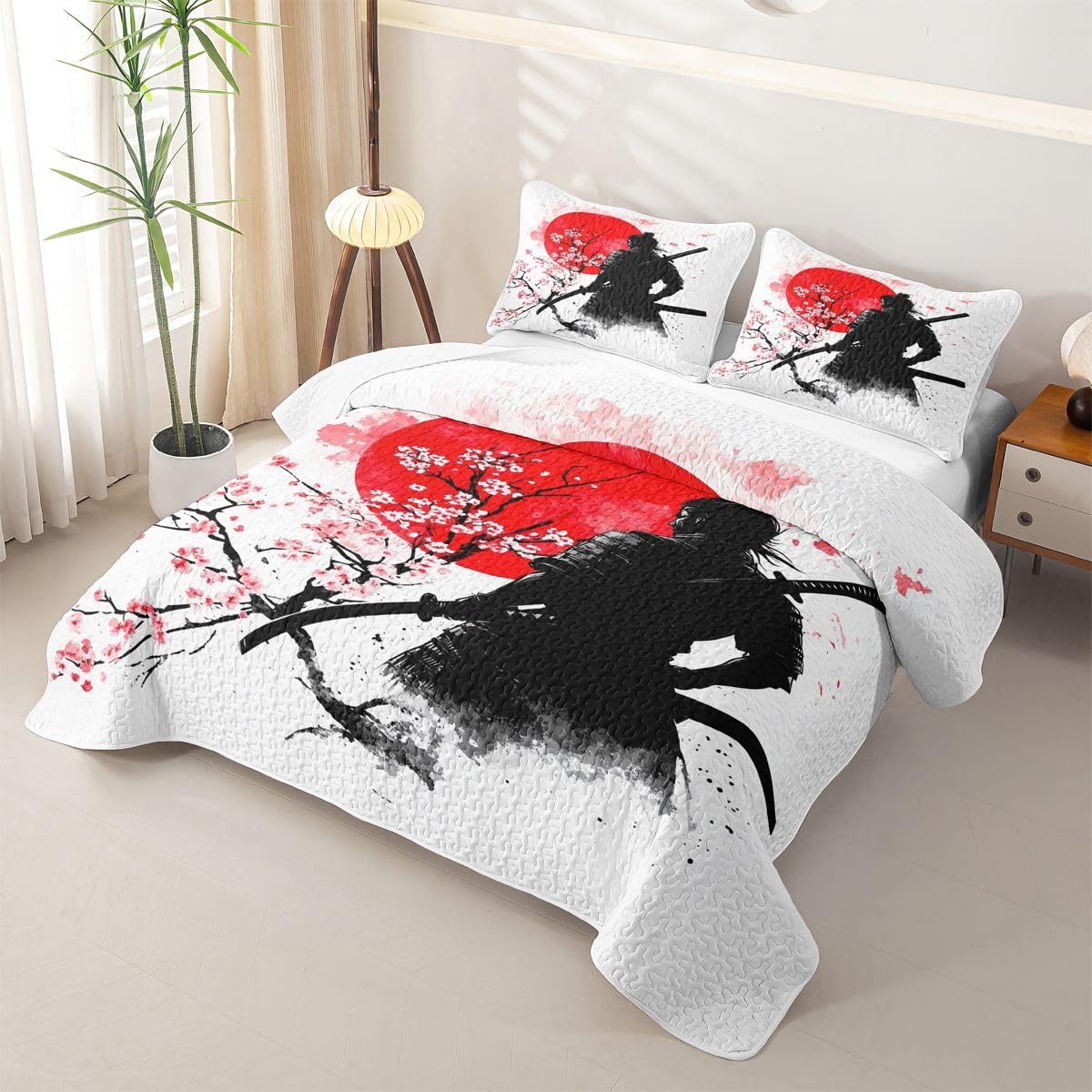Erosebridal Geisha and Samurai Quilt Twin Size - Red Sun Bedspread Japanese Style Bed Coverlet with 1 Pillowcase