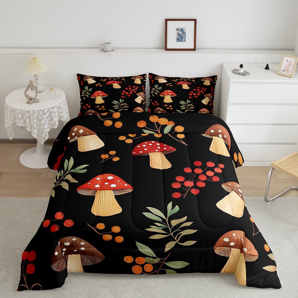 Feelyou Cartoon Mushrooms Bedding Set Kids Boys Girls Queen Size Cute Mushroom Comforter Set Ultra Soft Wild Mushroom Stuff Comforter Mushroom Duvet Set Room Decor Plant Pattern Quilt Set