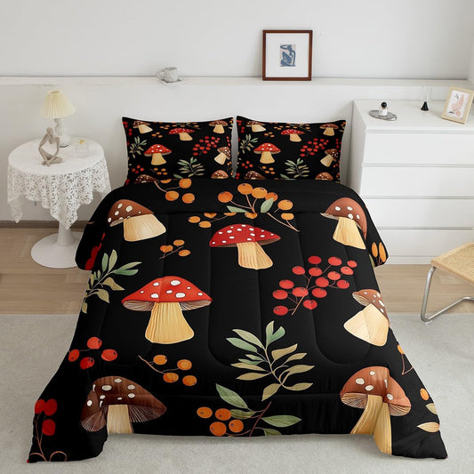 Feelyou Cartoon Mushrooms Bedding Set Kids Boys Girls Queen Size Cute Mushroom Comforter Set Ultra Soft Wild Mushroom Stuff Comforter Mushroom Duvet Set Room Decor Plant Pattern Quilt Set