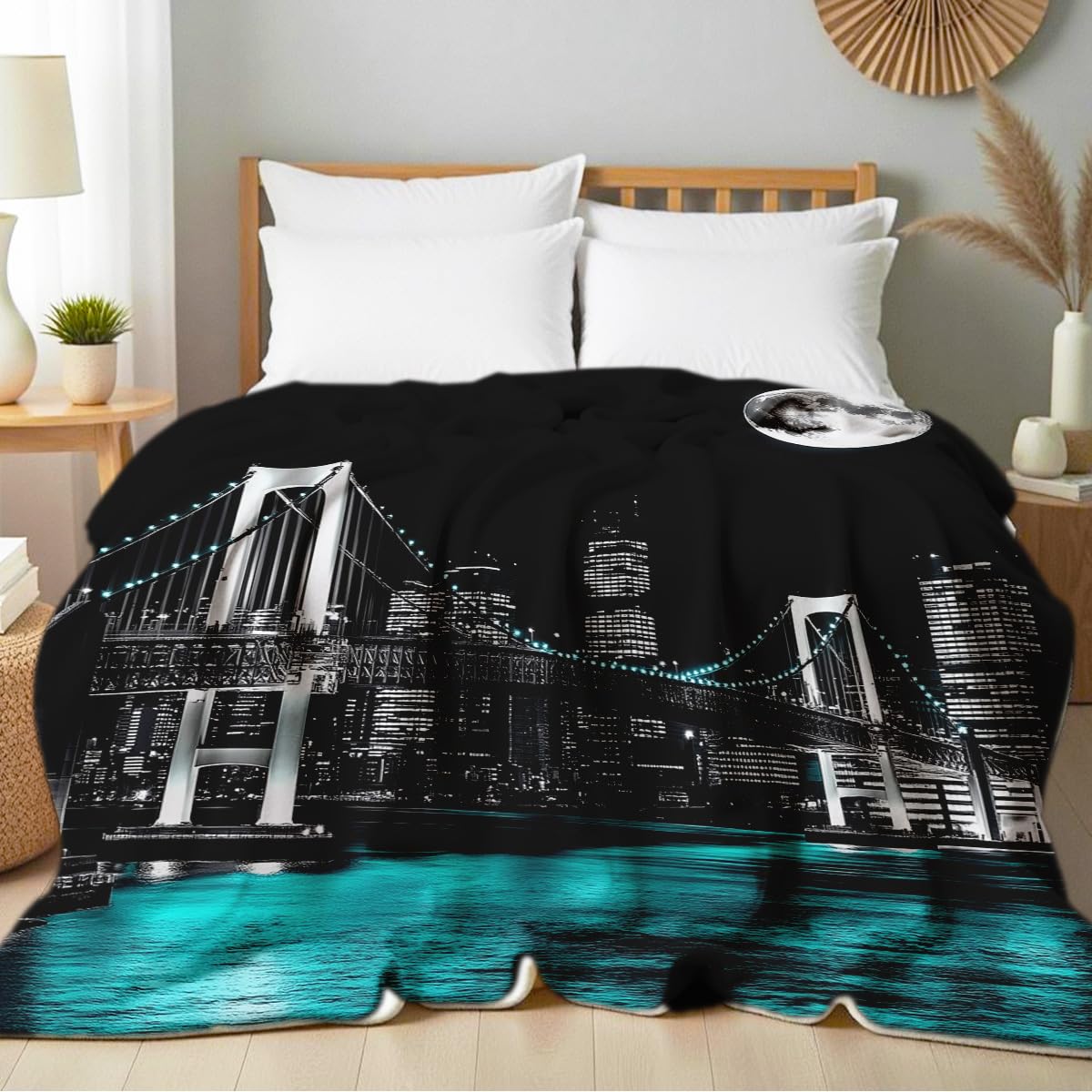 HUNXIAOJ New York City Building Blanket for Bed Couch Cityscape Blanket Throw Black White Teal Decor Flannel Prints Bedding Home Decor (49"x59")