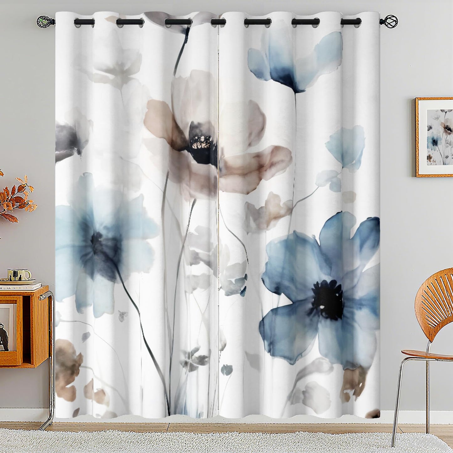 Sanzugh Boho Floral Blackout Curtains 84 Inch Long 2 Panels Set, Cream Tan Beige Watercolor Flower Black Out Patterned Printed Window Curtain for Bedroom Living Room, Grommet Window Drapes
