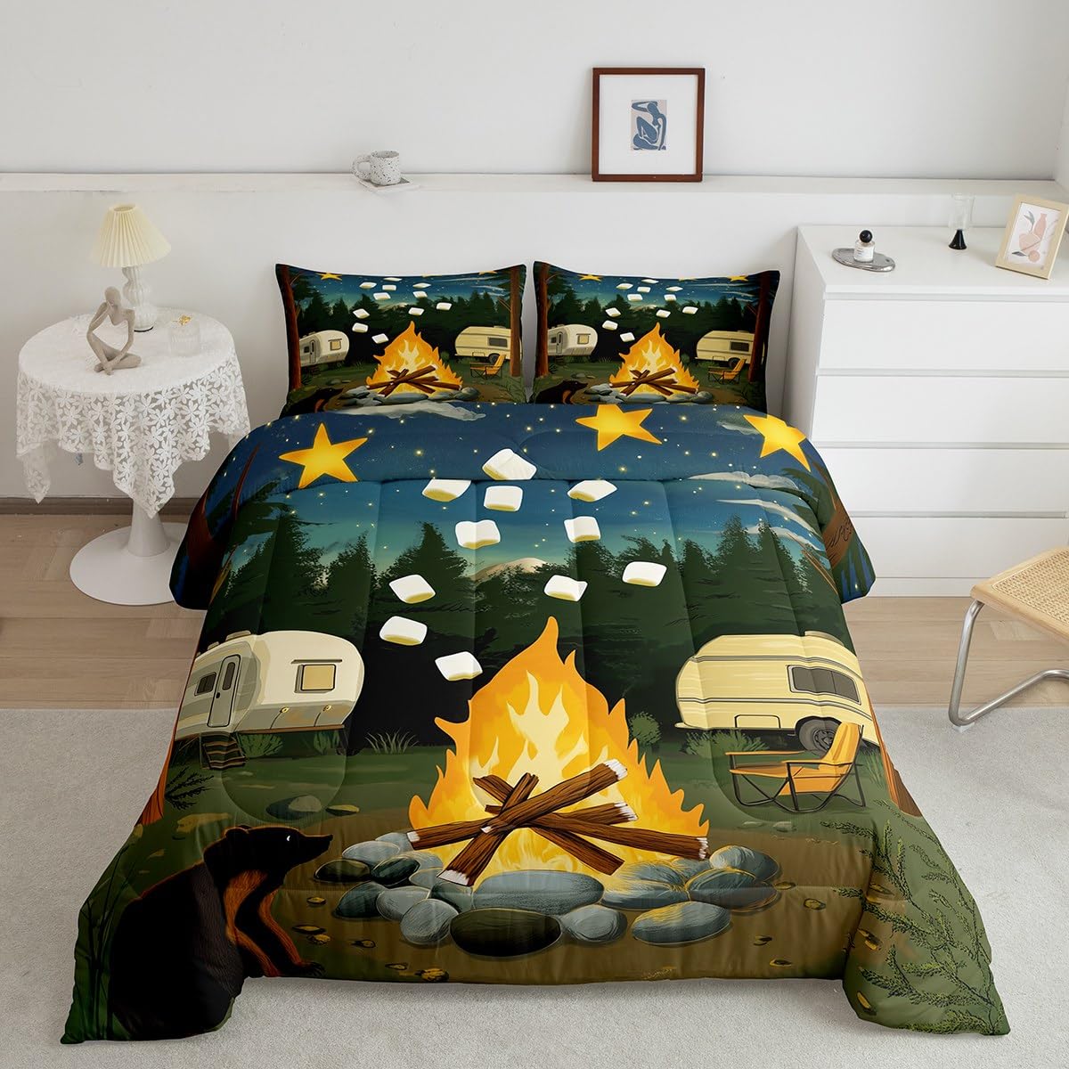 Erosebridal Rv Camper Bedding Sets King,Happy Camping Comforter Set for Kids Adults Wild Campfire Duvet Insert Rustic Starry Night Quilt