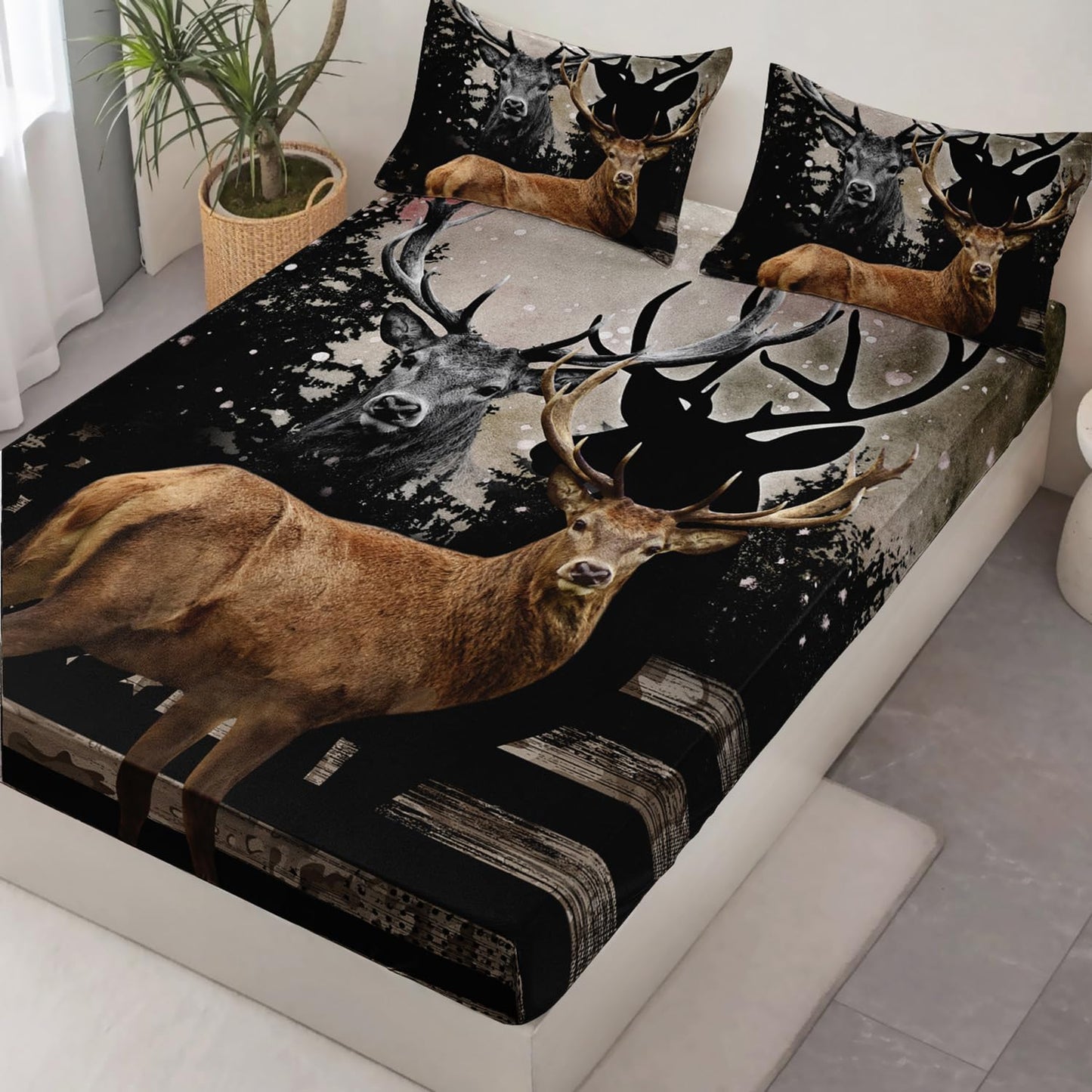 HOSIMA Snowy Forest Animal Bedding Set with 2 Pillowcases,Camo American Flag Twin Bed in a Bag Set for Adults Teen Mens Bedroom Essentials,Wildlife Elk Deer Fitted Sheet Deer Bedding.