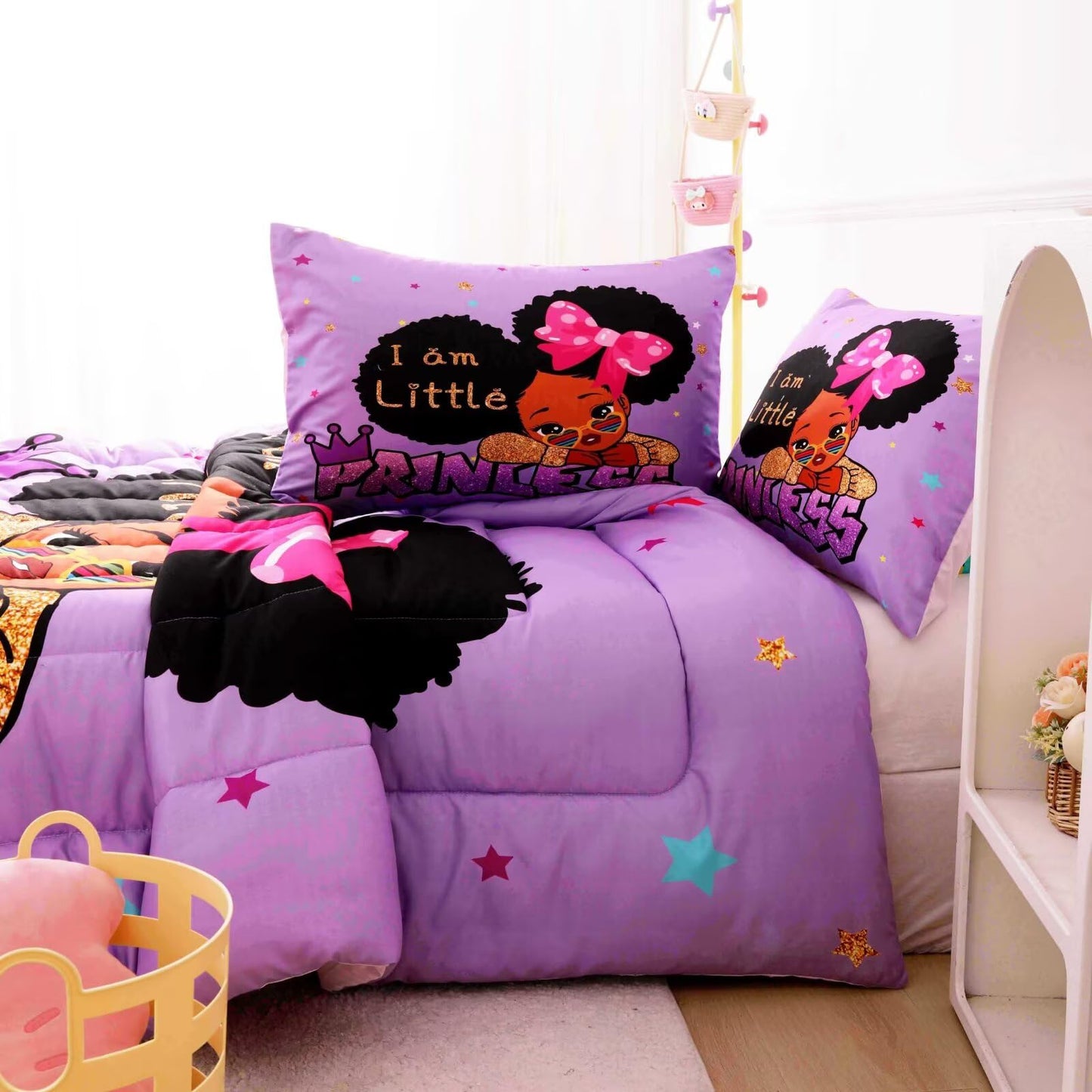 GRAT TIOC Little Black Girl Comforter Sets Twin Size,Black Girl Magic Bedding Set,Cute Little Princess Comforter Set for Kids Melanin Bedroom Bed Sets