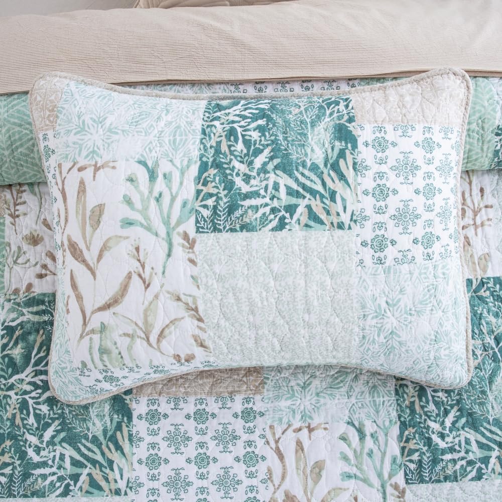 DAUAOTO 100% Cotton Quilt Set Queen Size, Farmhouse Printed Bed Coverlet Reversible Bedspread, Green Neutral Patch Pattern