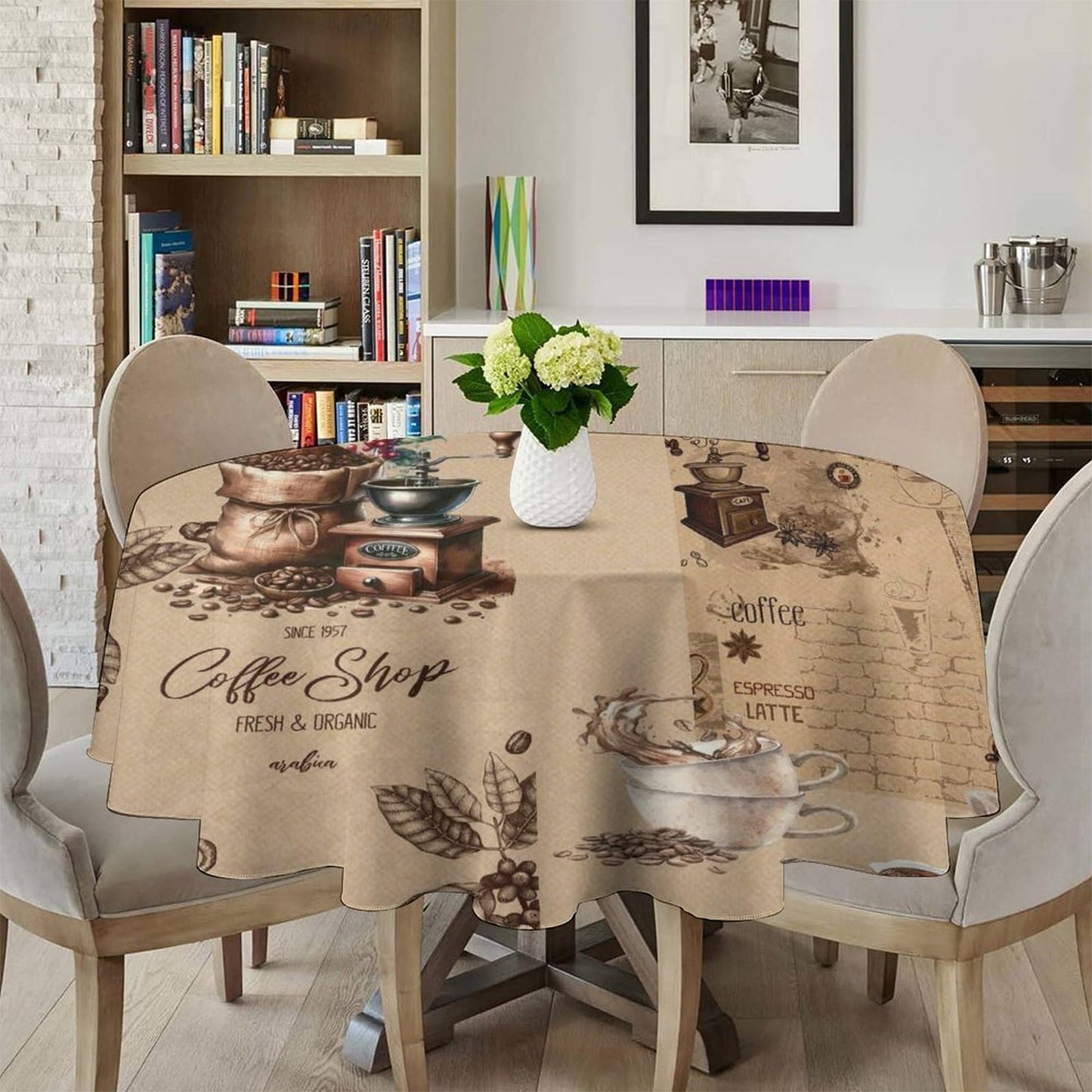 GoDazzling Coffee Modern Kitchen Round Tablecloth, Retro Country Brown Coffee Latte Bean Pattern Print Tablecloth for Home Party Dining Room Kitchen Decor 36Inch(90cm)