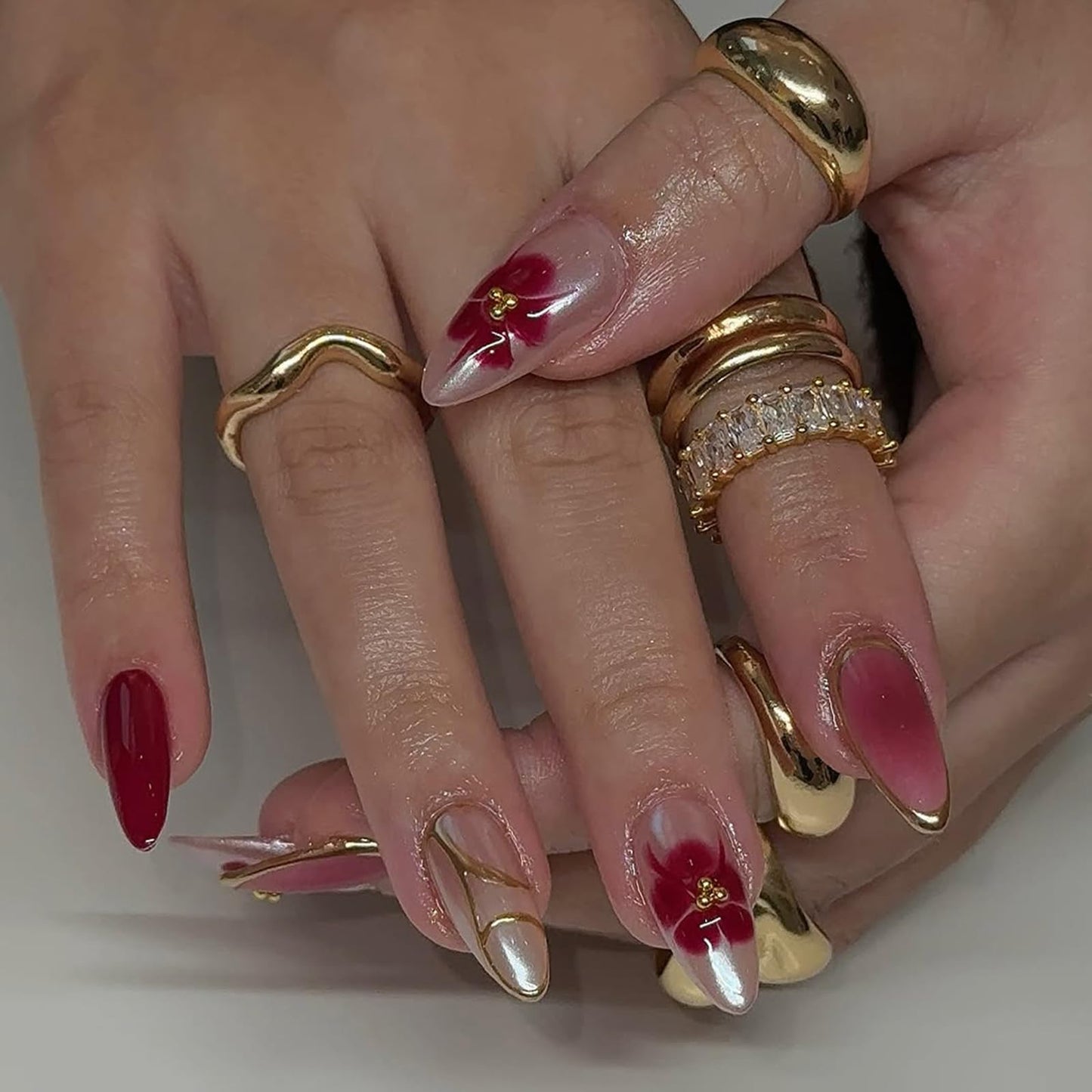 IMSOHOT Press on Nails Medium Almond, Chrome Silver Red Flower Fake Nails Glossy Acrylic French Tips False Nails Full Cover Glue on Nails