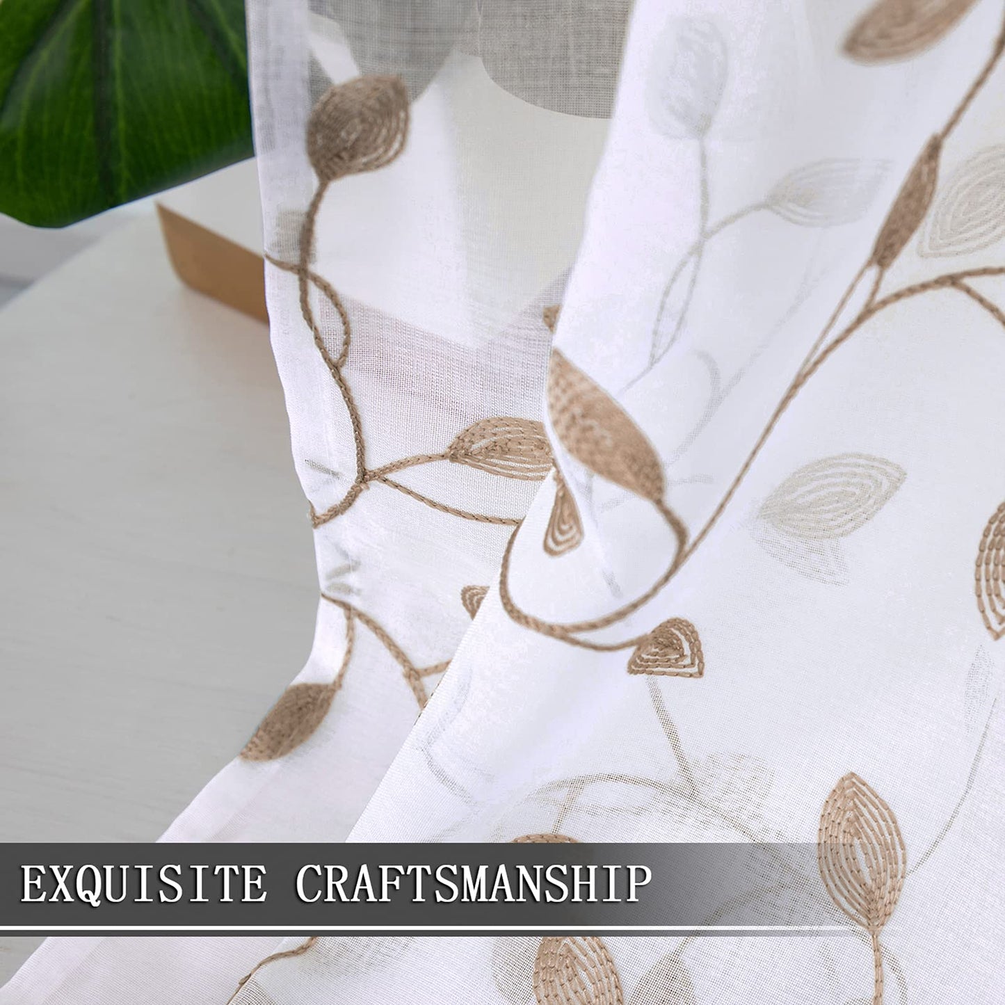 Tollpiz Leaves Sheer Curtains Taupe Leaf Embroidery Bedroom Curtain Rod Pocket Voile Faux Linen Embroidered Leaves Curtains for Living Room, 54 x 63 inches Long, Set of 2 Panels