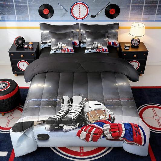 Erosebridal Ice Hockey King Comforter Set, Hockey Player 7-Piece Bed in A Bag, Boys Teens Sports Game Sheets and Pillowcases, Winter Sports Bed Sets