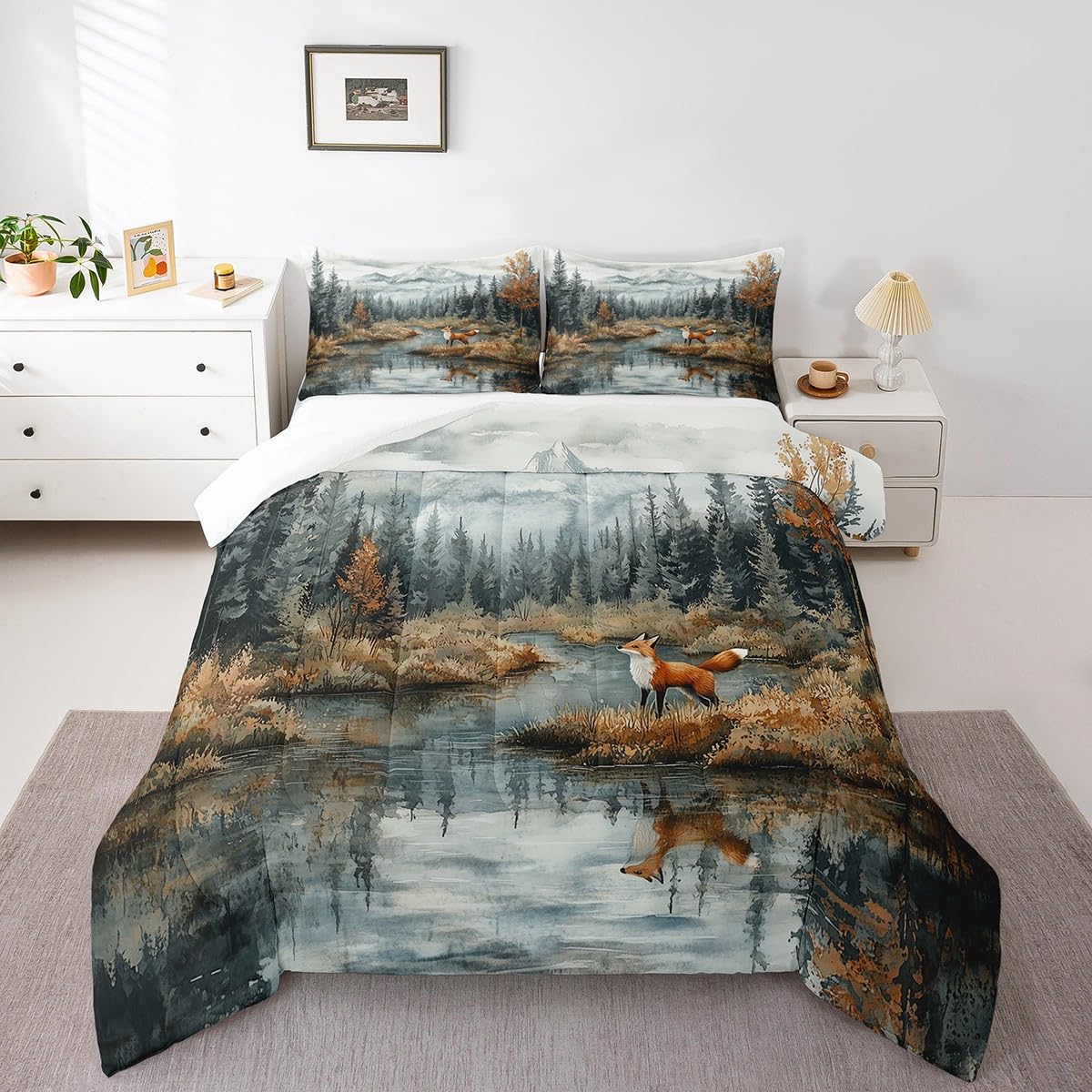 Fox Bedding Set Full Size,Tree Woodland Mountain Comforter Set for Kids Boys Girls Teens Room Decor,Lake House Nature Duvet Insert 3Pcs,Abstract Rustic Style Wild Animal Quilt Set,2 Pillowcases