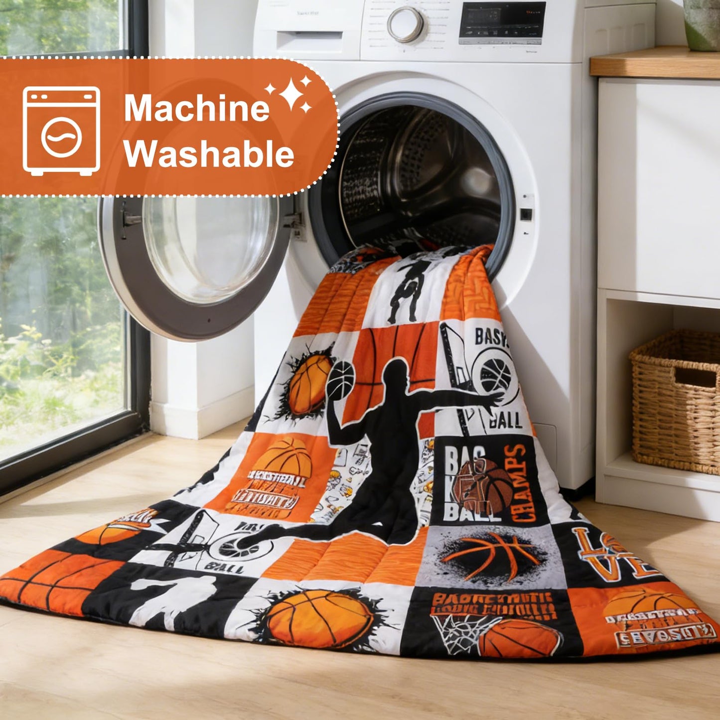 A Nice Night Sports Geometric Grid Baseketabll Patchwork Baskeball Printed for Boys Twin 6Pcs Bed in A Bag Comforter Bedding Set, Orange