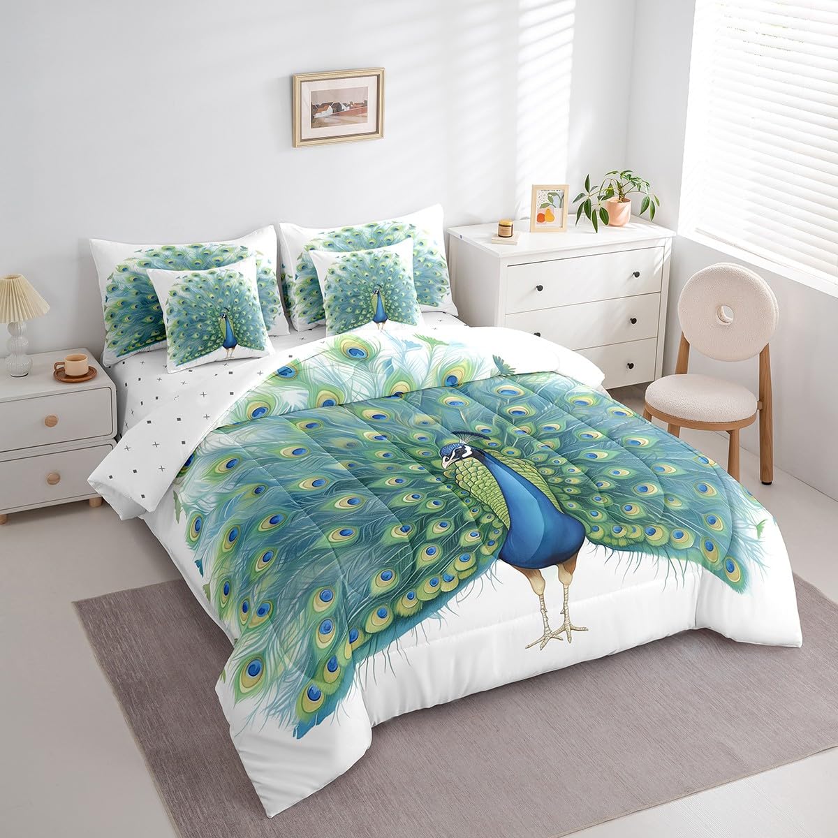 Erosebridal Peacock Comforter Set 7 Piece Bed in a Bag Twin,Watercolor Feather Bedding Sets Rustic Aesthetic Peahen Peafowl Comforter and Sheet Set,Wild Animals Bed Set