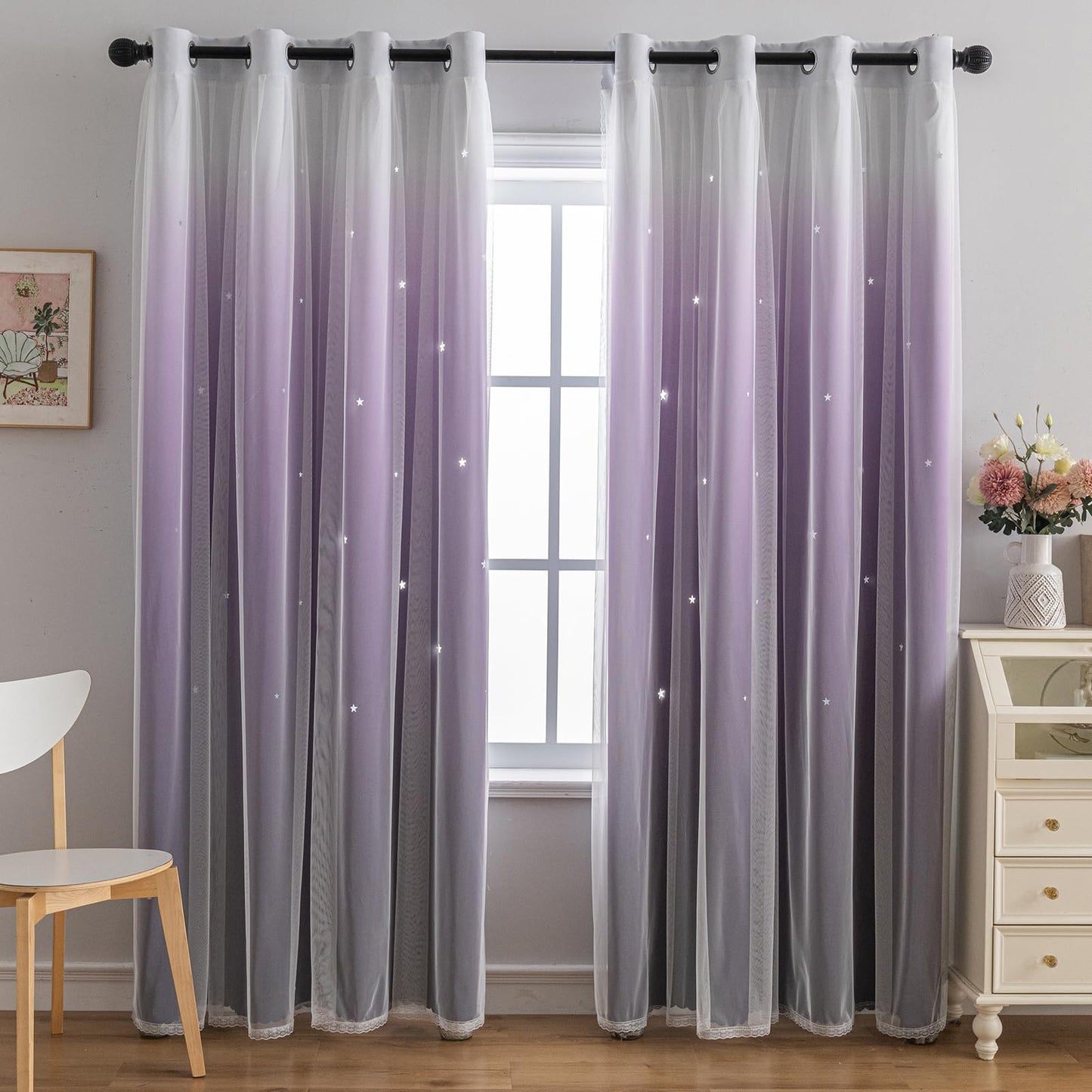 indistar Colourful Stripe Star Cut-Out Blackout Curtains for Bedroom,2 Layers Mix Design of Fabric & Tulle,Pretty Window Curtain for Kids Room 1 Panel (W52 x L72 Dark Purple)