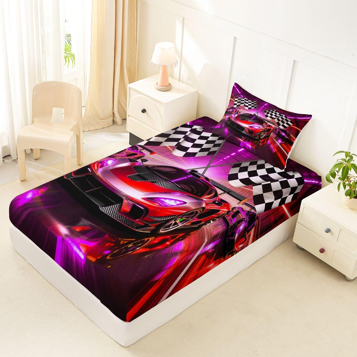 Feelyou Boys Race Car Fitted Sheet with 1 Pillowcase Twin Size Speed Sports Car Bed Sheets Set 16" Deep Pocket Boys Girls Racing Extreme Sports Bedding Teens Bedroom Decor Breathable Soft Lightweight