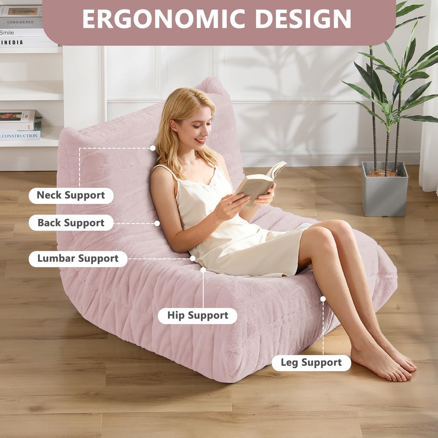 Bean Bag Chair for Adults, Giant Bean Bag Sofa Oversized Beanbag Chairs, Fireside Bean Bag Couch with High Density Sponge Filled Large Bean Bags Chair for Apartment Living Room Bedroom, Dusty Pink
