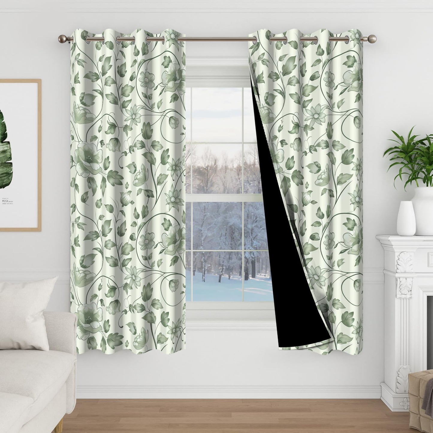 Green Floral Blackout Curtains for Bedroom and Living Room, Spring Thermal Insulated Soundproof Grommet Vintage Patterned Black Out Curtains 63 Inch Length 2 Panels Set, Nursery Room Darkening Drapes