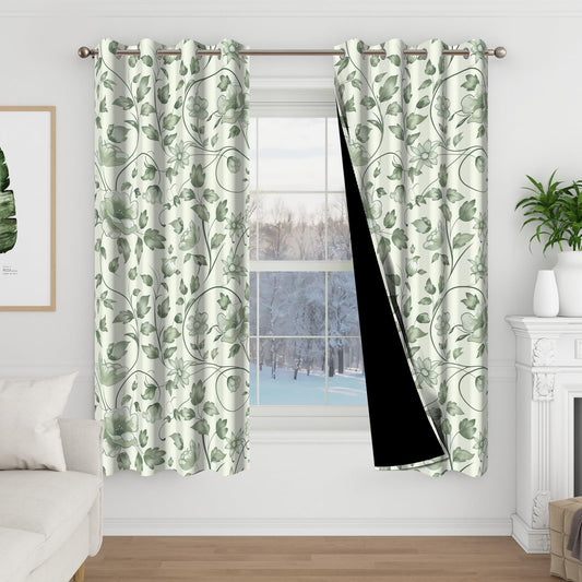 Green Floral Blackout Curtains for Bedroom and Living Room, Spring Thermal Insulated Soundproof Grommet Vintage Patterned Black Out Curtains 63 Inch Length 2 Panels Set, Nursery Room Darkening Drapes
