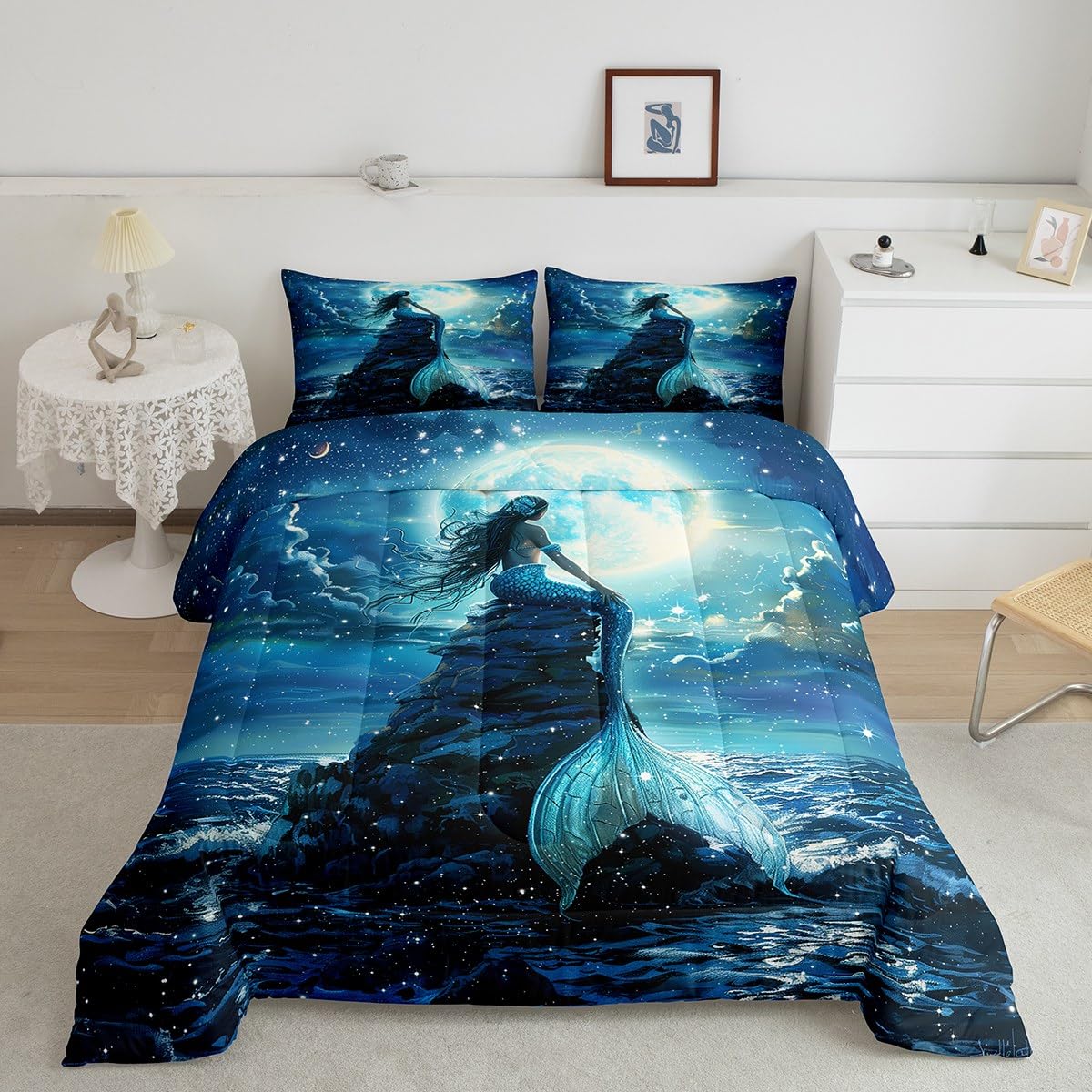 3D Mermaid Comforter Set Queen Size,Sea Moon Starry Sky Bedding Set for Kids Boys Girls Room Decor,Blue Fish Scale Fantastic Duvet Insert 3Pcs,Luxury Fashion Soft Microfiber Quilt Set,2 Pillowcases
