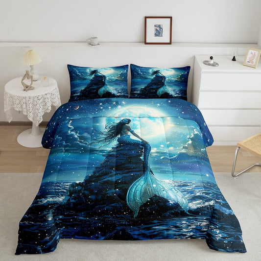 3D Mermaid Comforter Set Queen Size,Sea Moon Starry Sky Bedding Set for Kids Boys Girls Room Decor,Blue Fish Scale Fantastic Duvet Insert 3Pcs,Luxury Fashion Soft Microfiber Quilt Set,2 Pillowcases