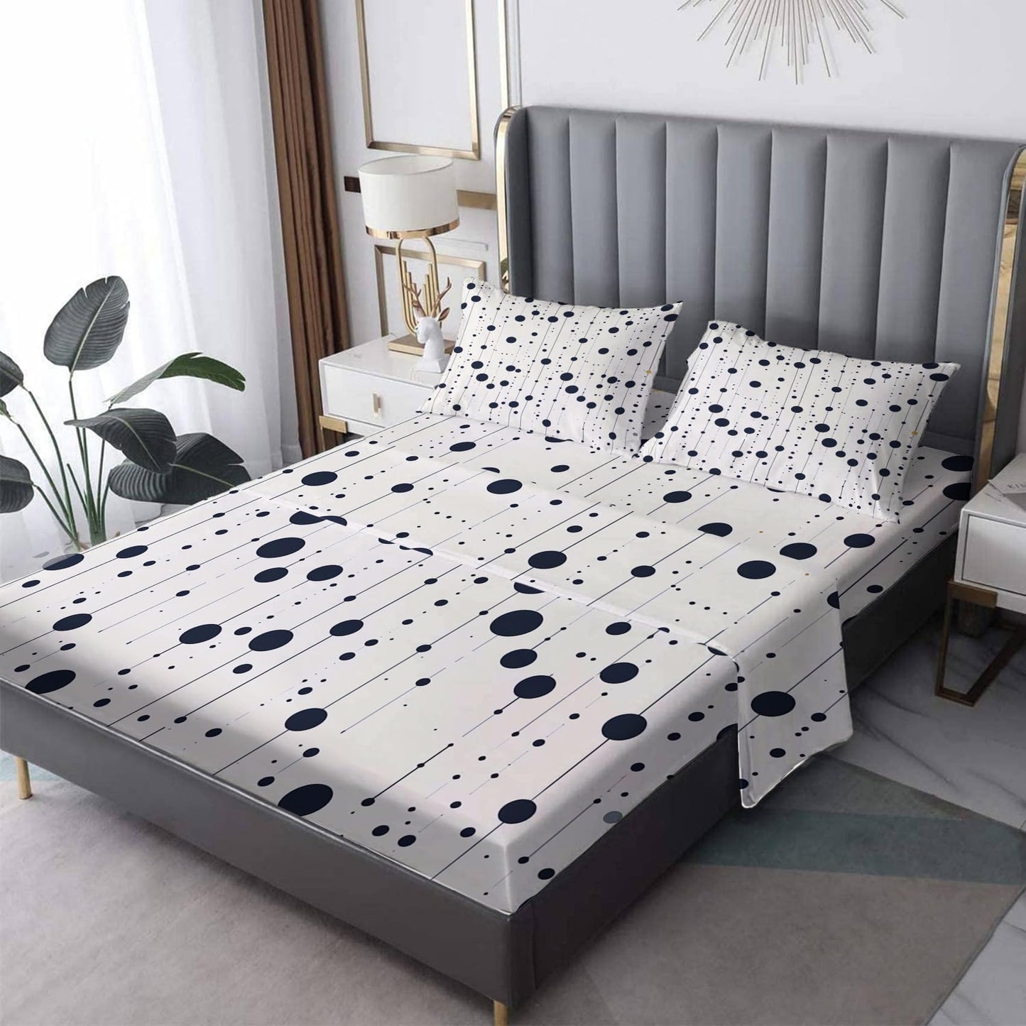 Polka Dots Sheets Full Size, Striped Bed Sheets, Patterned Bedding Sheets & Pillowcases 4 Piece Set - Soft Microfiber Deep Pocket Fitted Sheet & Flat Sheet & 2 Pillow Cases M&-A243