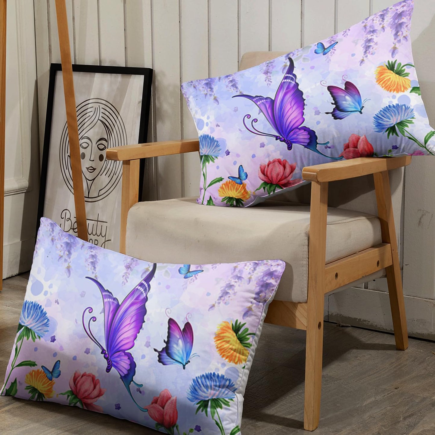 AILONEN Butterfly Bedding Set Twin Size Blue Pink Flower Fitted Sheets 3 Pieces Set Purple Lavender Sheet for Kids Girls Bedroom Decor Breathable Fitted Sheet and 2 Pillowcases