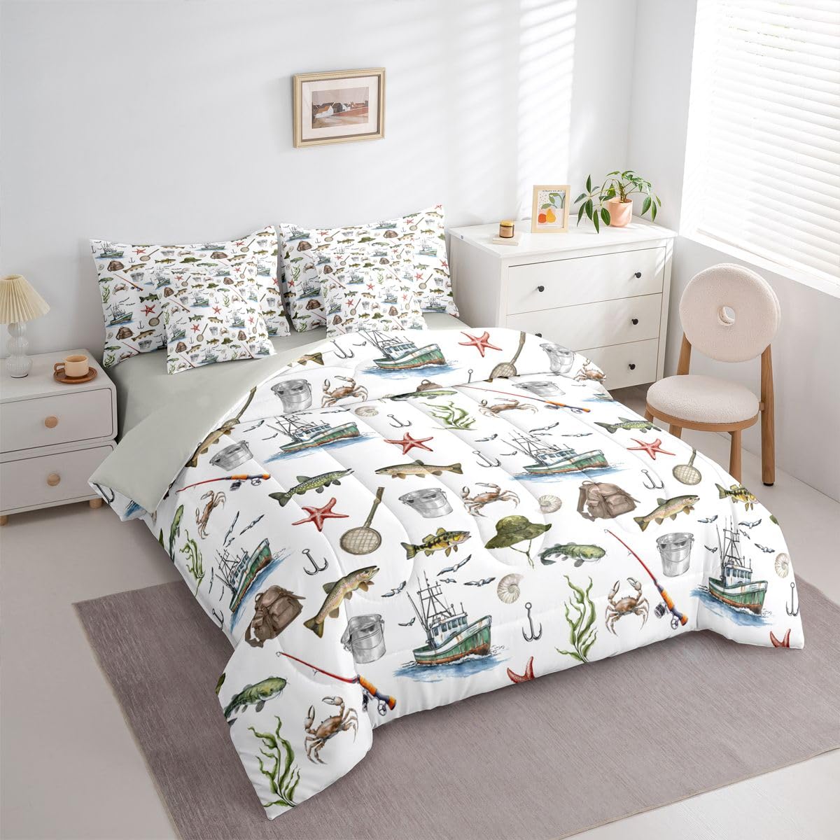 Erosebridal Fishing 7-Piece Bed in a Bag Full Size for Kids Boys Teens | Hunting Pike Fish Bedding Set Kids Hunting and Fishing Comforter Set with Sheets Pike Fishes Duvet Insert