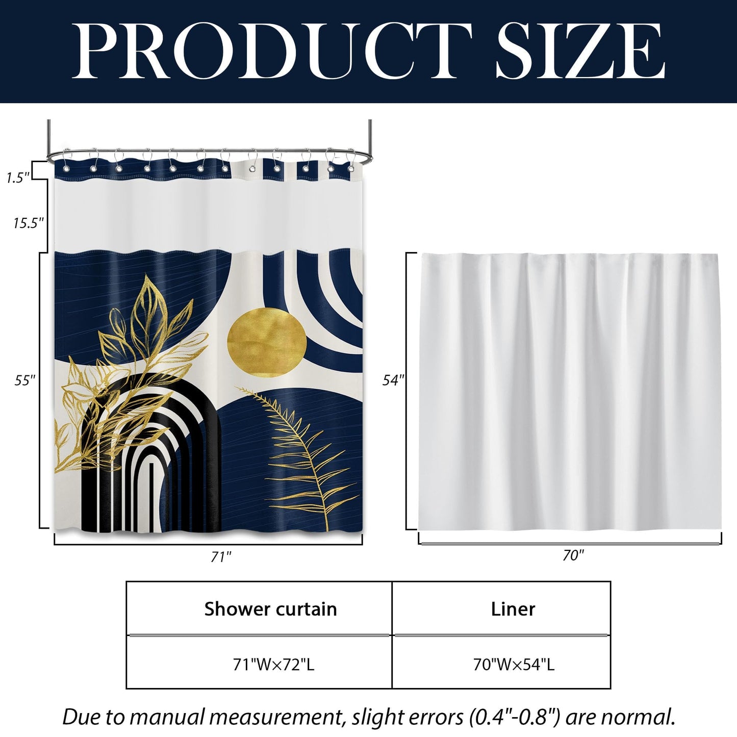 Bxpaitx Navy Blue See Through Mesh Top Shower Curtain with Window, Boho Dark Blue and Gold Double Layer Mens Shower Curtains with Snap in Liner with Magnets, Waterproof Cloth Fabric with Hooks 71x72in