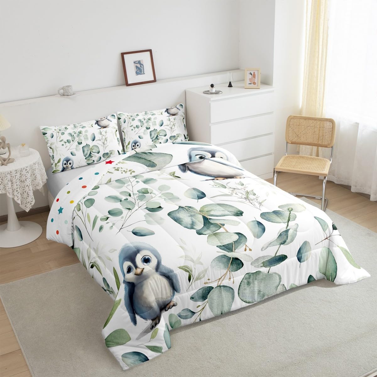 Erosebridal Cartoon Penguin Bedding Twin Toddler Woodland Wildlife Comforter Set, Plant Duvet Insert Eucalyptus Leaf Quilt Comforter, Antarctic Animal Theme Bedding Comforters & Sets Kids Room Decor