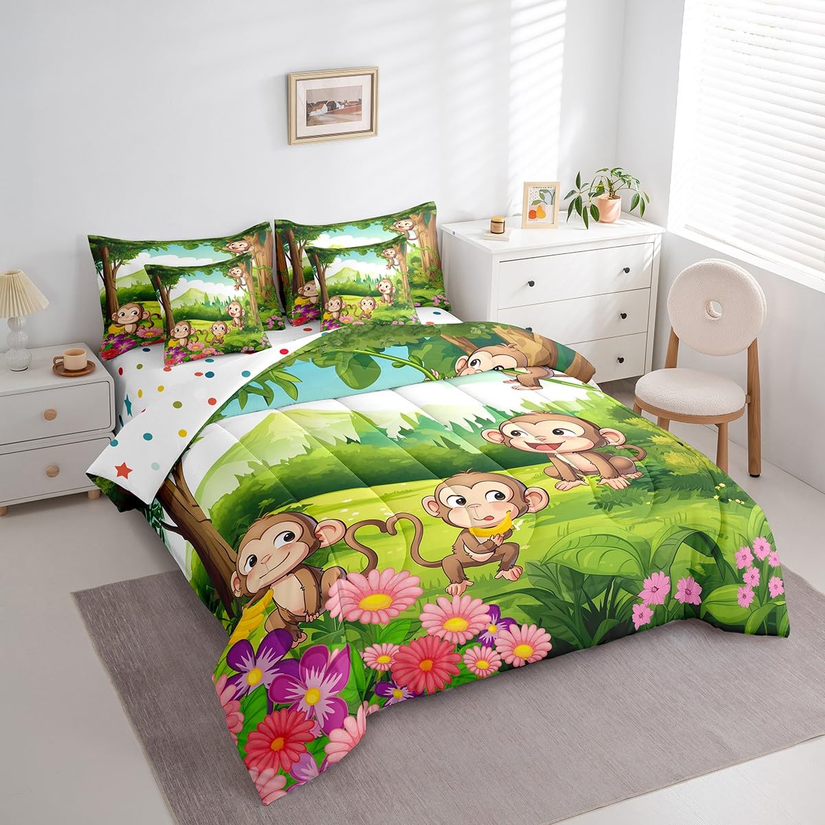 Erosebridal 7 Piece Monkey Bed in a Bag Kids Girls Cute Cartoon Animal Sheet Set Green Nature Plants Floral Decor Bedding Set with Comforter Natural Rustic Garden Theme Cushion Covers, Twin Size