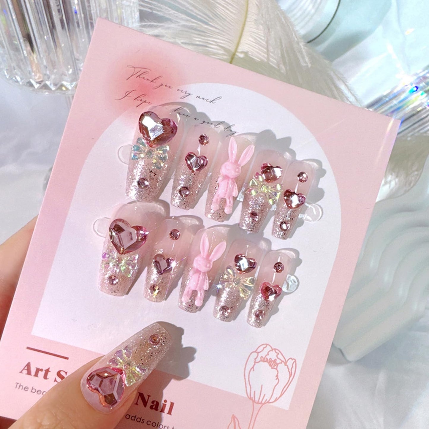 SINHOT Luxury Press on Nails - Long Coffin Fake Nails 3D Handmade Rabbit & Pink Heart Reusable False Nails with Rhinestone Designs,DIY Artificial Nail Art, 24pcs