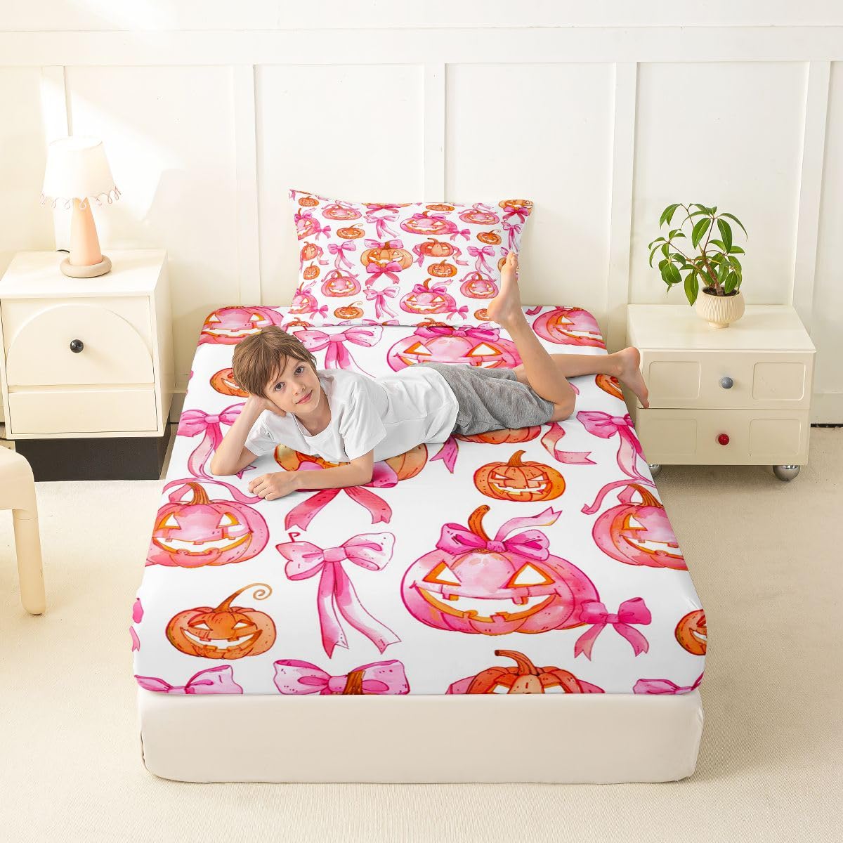 Feelyou Fitted Sheet Twin Size for Kids Boys Girls Halloween Themed Bed Sheets Set 16" Deep Pocket Soft Breathable Microfiber Bowknot Bedding with 1 Pillowcase Room Decor