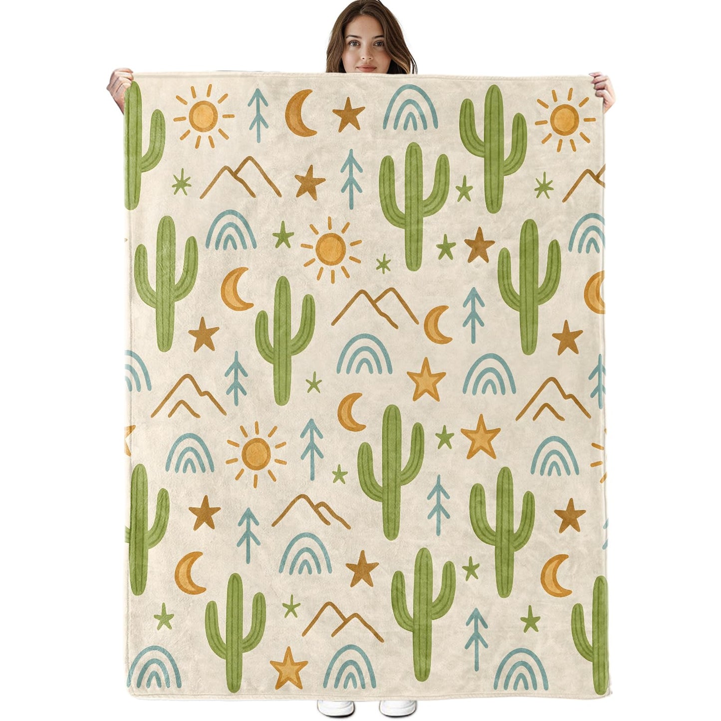 Cactus Blanket, Lightweight Cozy Sun, Moon, Stars and Desert Elements Throw Blanket Gifts for Women Men Boys Kids, 50×60 Inch Soft Warm Cacti‌ Flannel Throws for Bed Decor Travel Couch