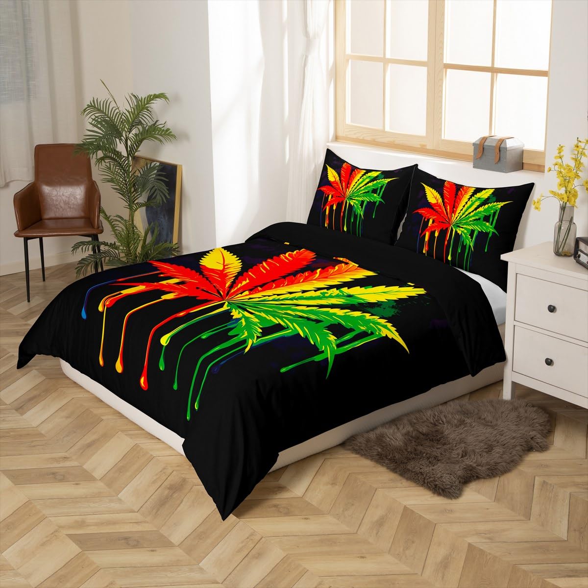 Feelyou Marijuana Duvet Cover Set Trippy Cannabis Leaves Bedding Set Marijuana Weed Botanical Comforter Cover 1 Quilt Cover + 2 Pillowcases Full Size