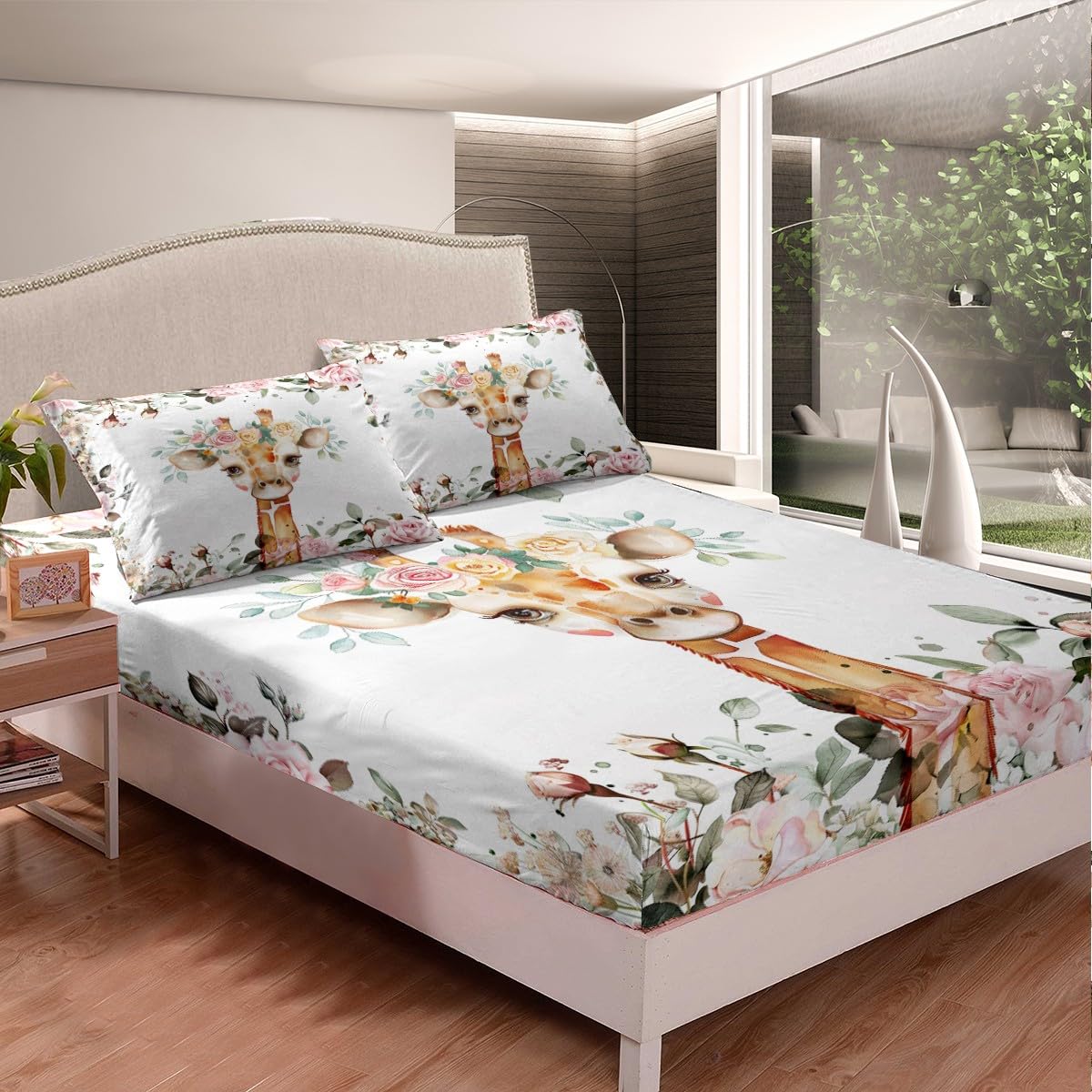 Erosebridal Cute Giraffe Sheet Set Pink Rose Bed Sheets Queen Size Girls Kids,Cartoon Animal Flat Sheet Floral Flower Fitted Sheet,Wildlife Giraffe Skin Sheets Botanical Room Decor,4Pcs…