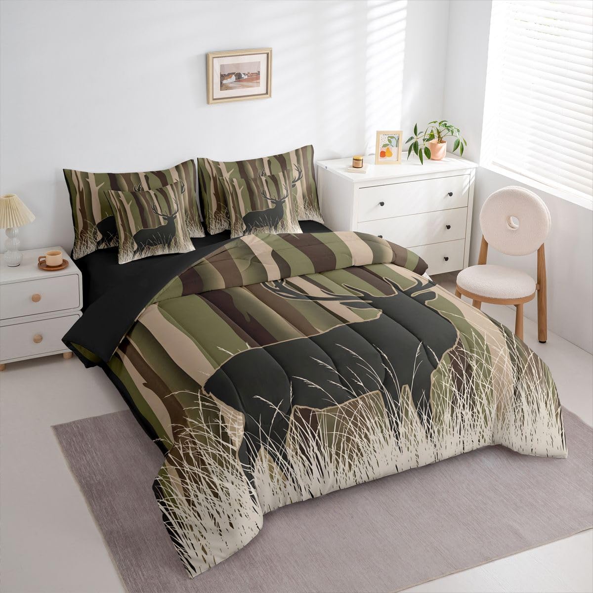 Feelyou Camouflage Deer Comforter Set Twin Size 7 Pieces Deer Hunting Bedding Set for Kids Boys Girls Camo Bed in a Bag with Comforter, Sheets, Pillowcases, Cushion Covers Wild Animal Bedroom Decor