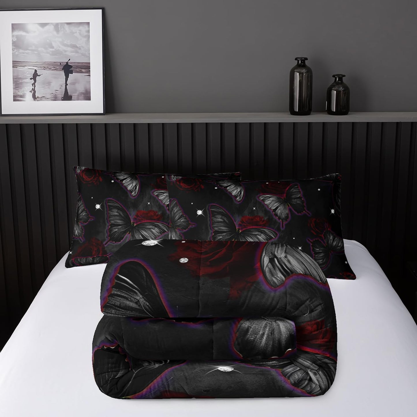 Black Butterfly Comforter Sets Twin Size, Black Butterfly Flowers 3D Animal Pattern Kids Bedding Sets for Girls Teens 3 Piece Bedroom Decor Comforter with 2 Pillowcases