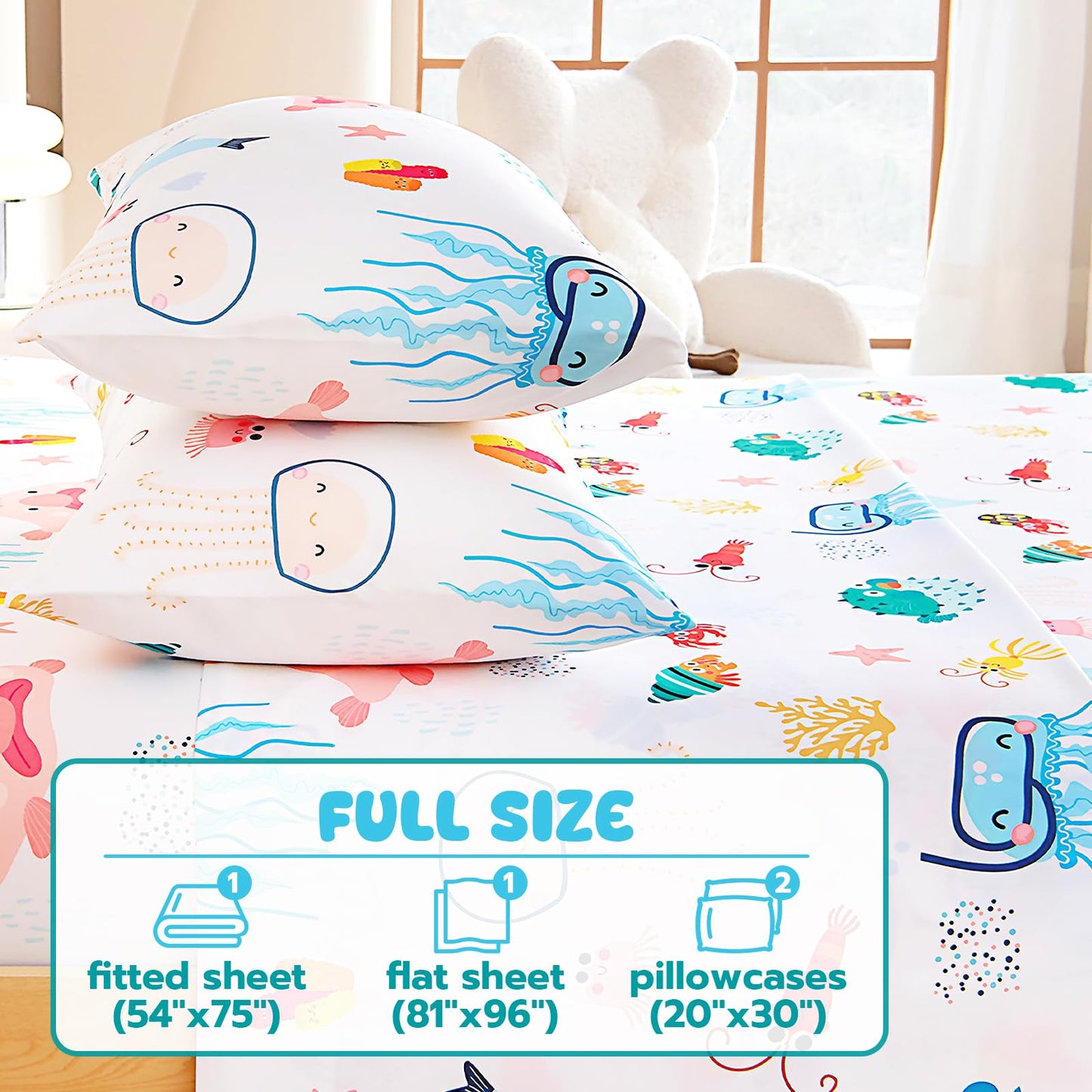 Homilay Full Sheet Set Kids - Ocean Shrimp Crab Fish 4 Pieces Soft Microfiber Cartoon Style Bedsheets for Boys Girls Teens, Oeko TEX Breathable 15 Inch Deep Pocket Sheets(Marine Animals)