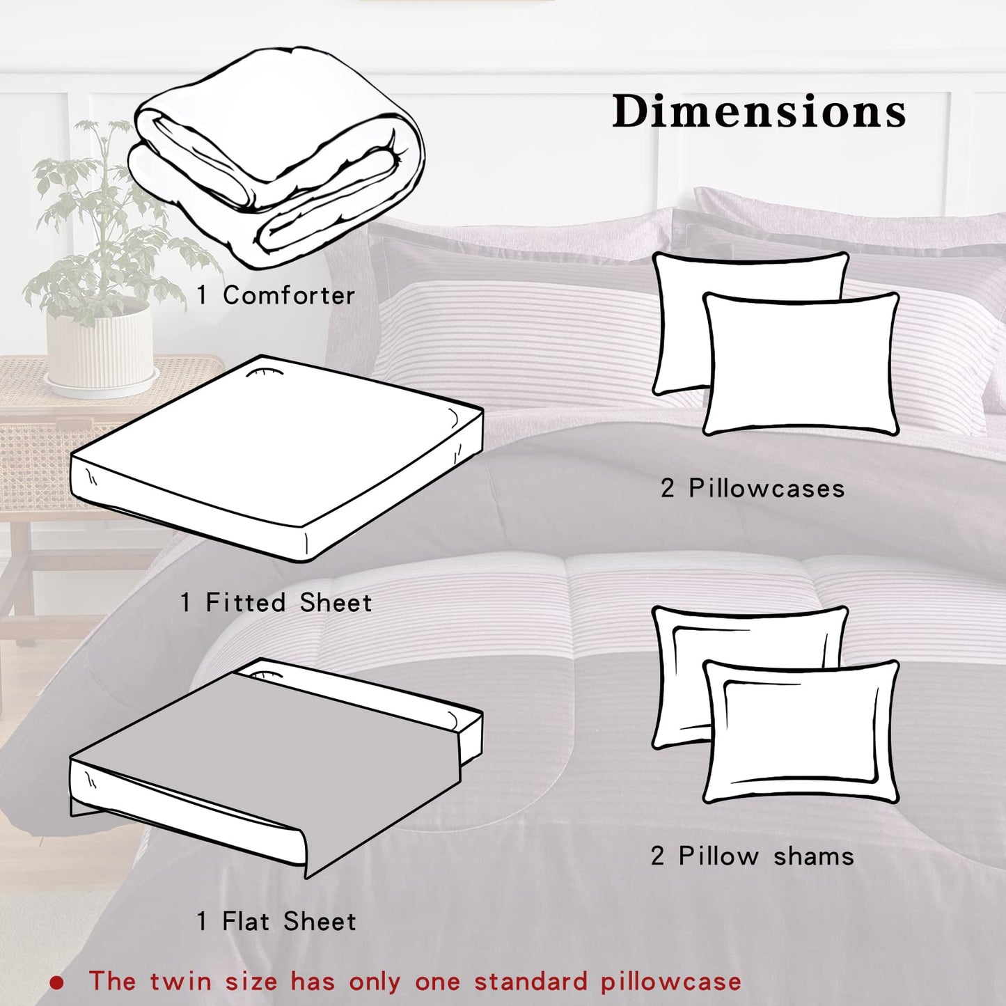 Flysheep Ombre Striped Bed in a Bag 7 Pieces Queen Size, Purple and Grey Stripes Comforter Sheet Set (1 Comforter, 1 Flat Sheet, 1 Fitted Sheet, 2 Pillow Shams, 2 Pillowcases)
