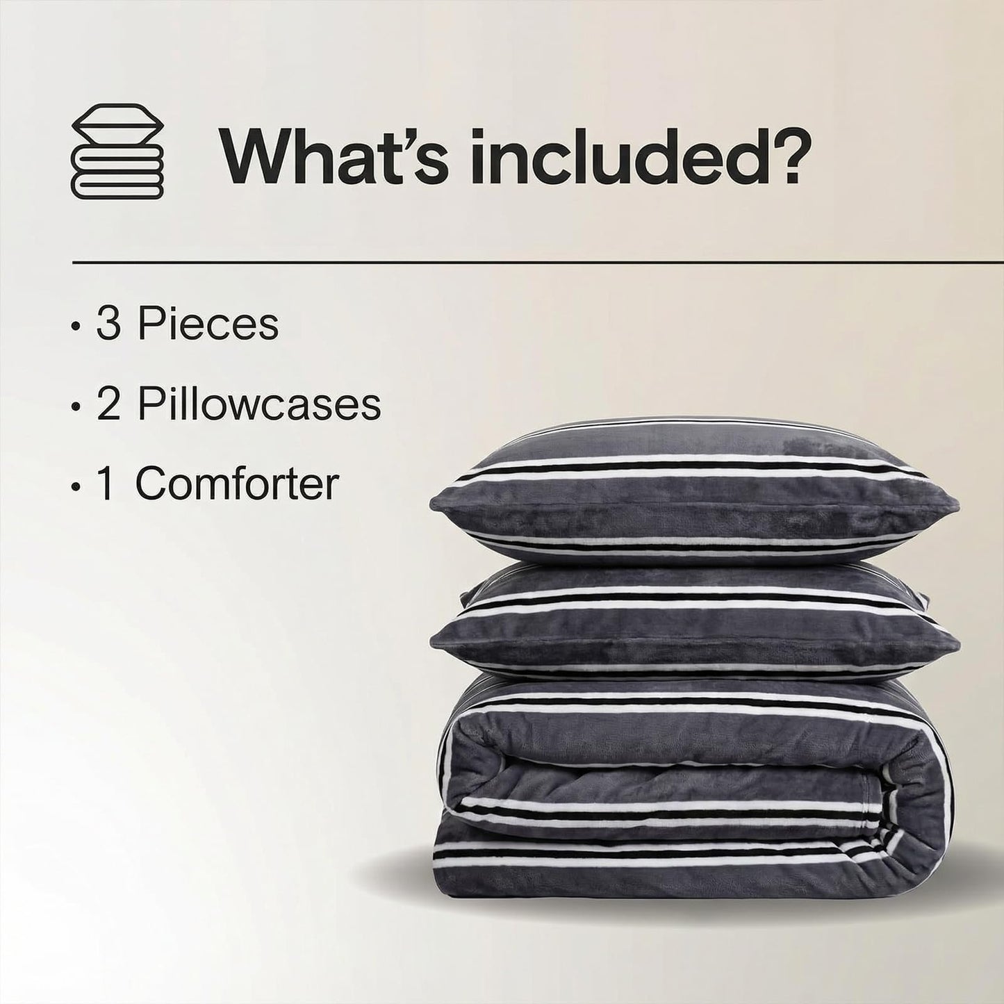 Bedbay Grey Striped Bedding Comforter Set King Size Luxury Velvet Fleece Comforter Set 3 Pcs Fluffy Plush Flannel Bedding Set Cozy Reversible Fleece Soft Warm Shaggy Faux Fur Bed Set All Season