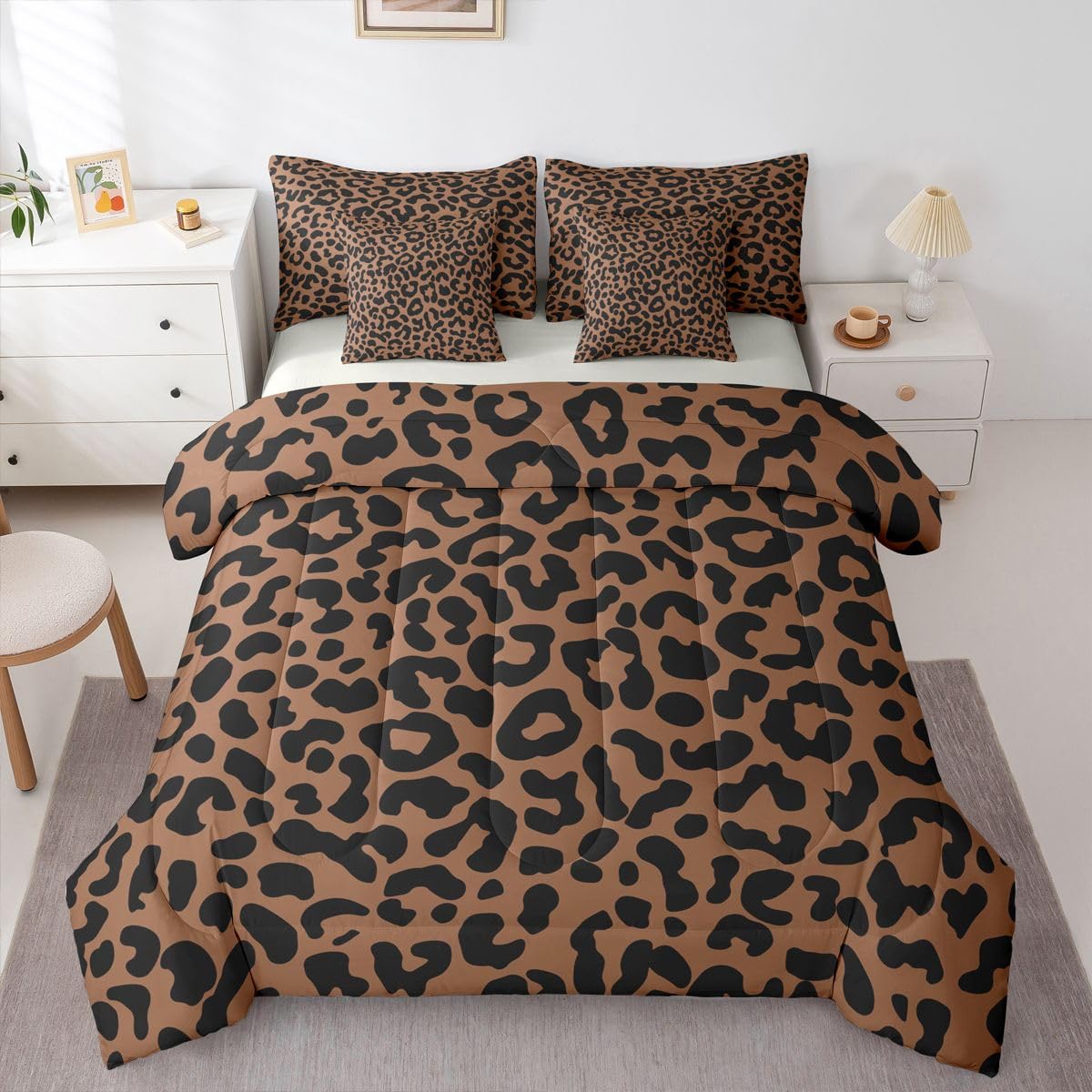 Erosebridal Leopard Print King Bedding Set 7 Piece for Boys Brown Cheetah Decor Bed in A Bag for Kids Teens Youth Adult African Safari Animal Comforter Set with Sheet Cat Panthera Bed Sets