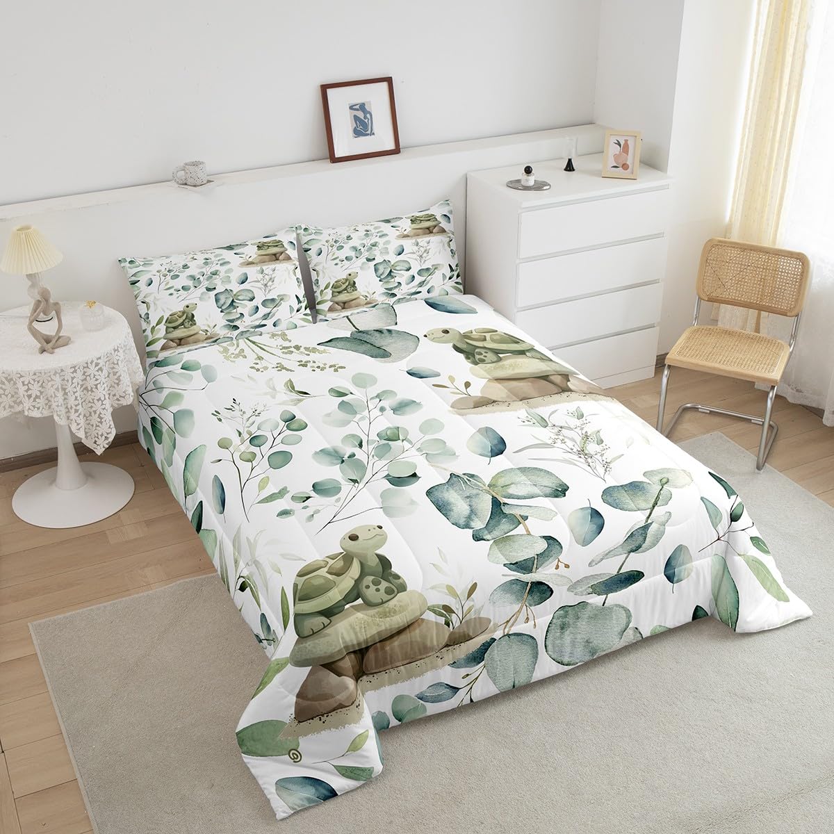 Erosebridal Kawaii Turtle Twin Comforter Set for Boys Girls Cartoon Animal Bedding Set Twin, Eucalyptus Leaves Bedding Comforter Sets Marine Wildlife Duvet Set, Tropical Plants Quilted Comforter