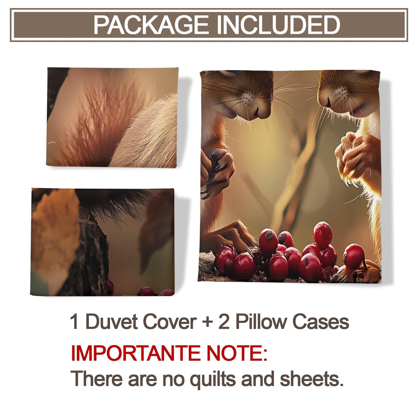 Squirrel Duvet Cover Twin Size, Squirrel Bedding Set 3 Piece, Animal Comforter Cover and 2 Pillow Sham with Zipper Closure 68" x86"