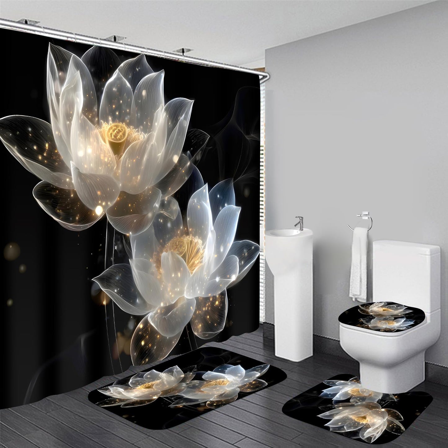 AZHM Zen Lotus Pattern Shower Curtain for Bathroom 4 PCS Bathroom Decor Sets with Shower Curtain and Rugs and Accessories with 12 Hooks