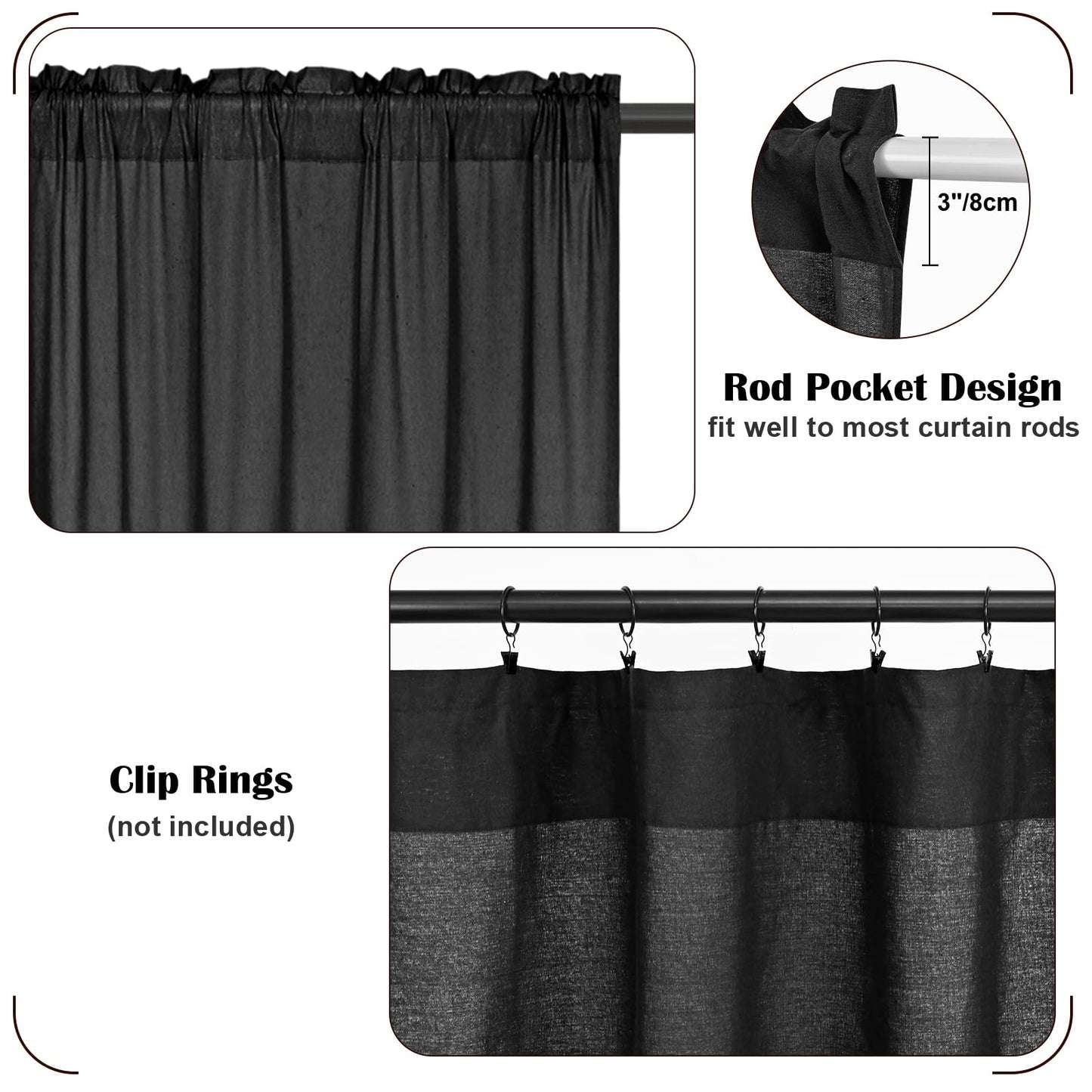 FRAMICS Farmhouse Valance Curtains, Boho Cotton Linen Kitchen Valance, Black Rustic Button Window Valance for Kitchen Bathroom Bedroom, Country Rod Pocket Valances for Windows, Black, 52 x 18 Inch