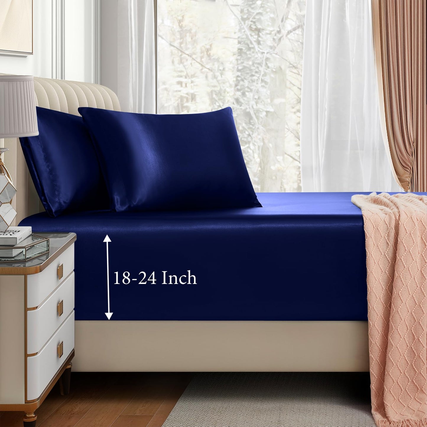 VACVELT 3pcs Extra Deep Pocket Satin Fitted Sheet Set Queen Bed Set, Navy Blue Bottom Sheet Fit 18-24 Inch Deep Pocket Mattress, Silky Bedding Set Soft & Ultra Deep Fitted Sheet + 2 Pillowcase