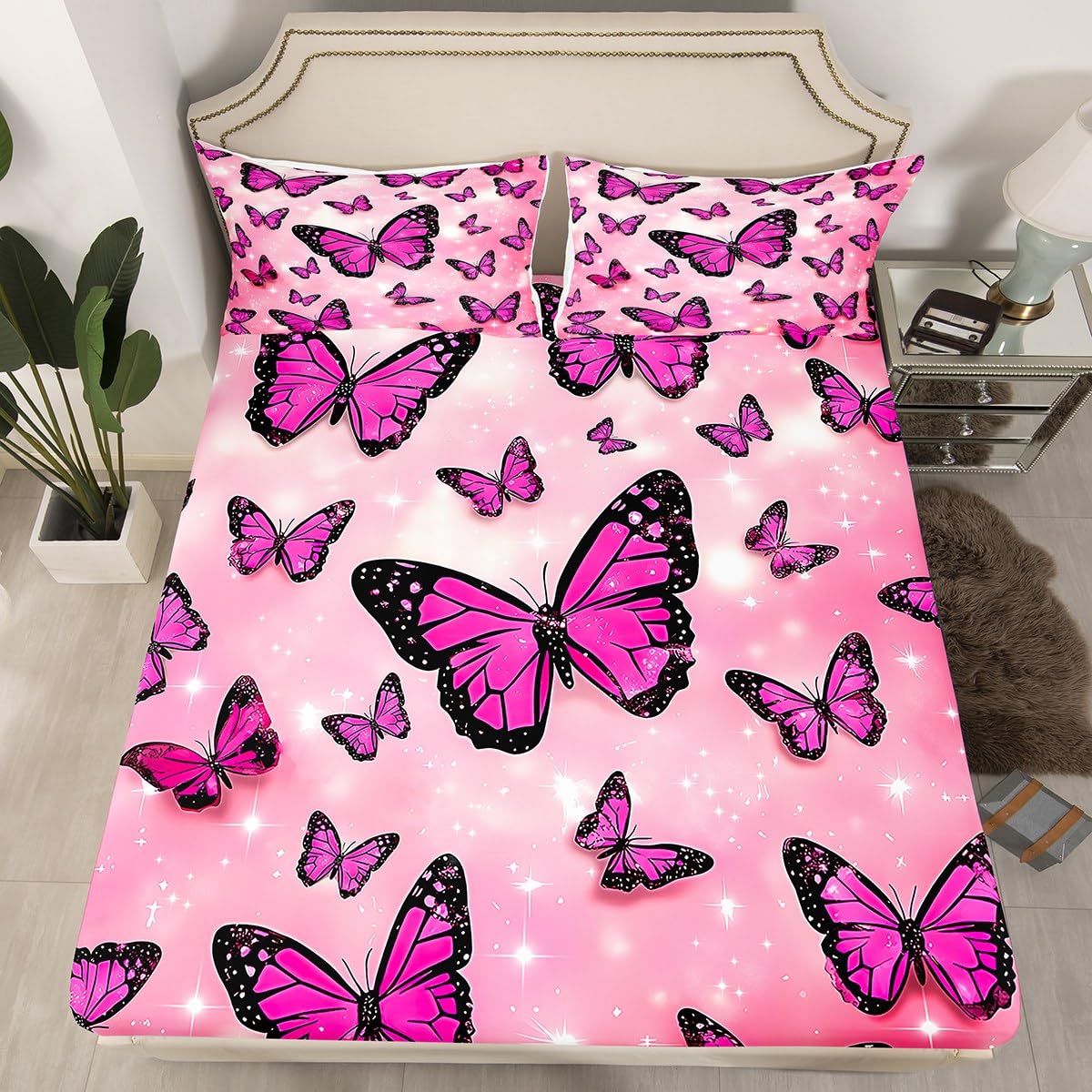 Feelyou Boys Girls Butterfly Bed Sheet Set Full Size, Valentine's Day Bedding Set Glitter Fitted Sheet Kids Romantic Teens Bed Cover Bedroom Decor Bed Set 3Pcs (No Flat Sheet)